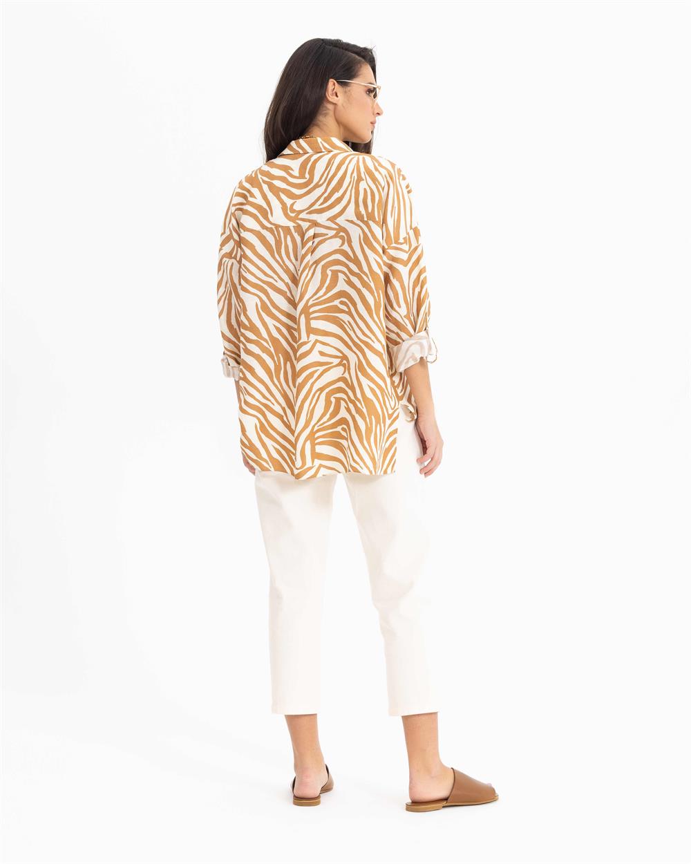 Kadın Zebra Desenli Uzun Kollu Gömlek BEIGE