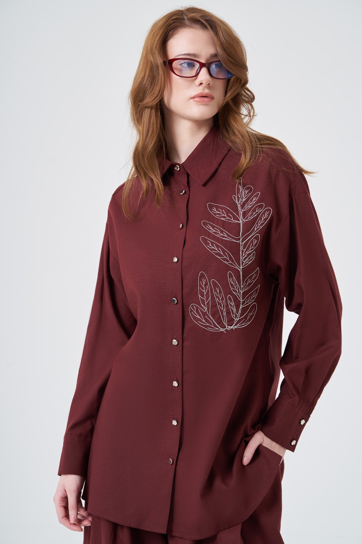 Kadın Zincir İşleme Tencel Keten Takım Bordo