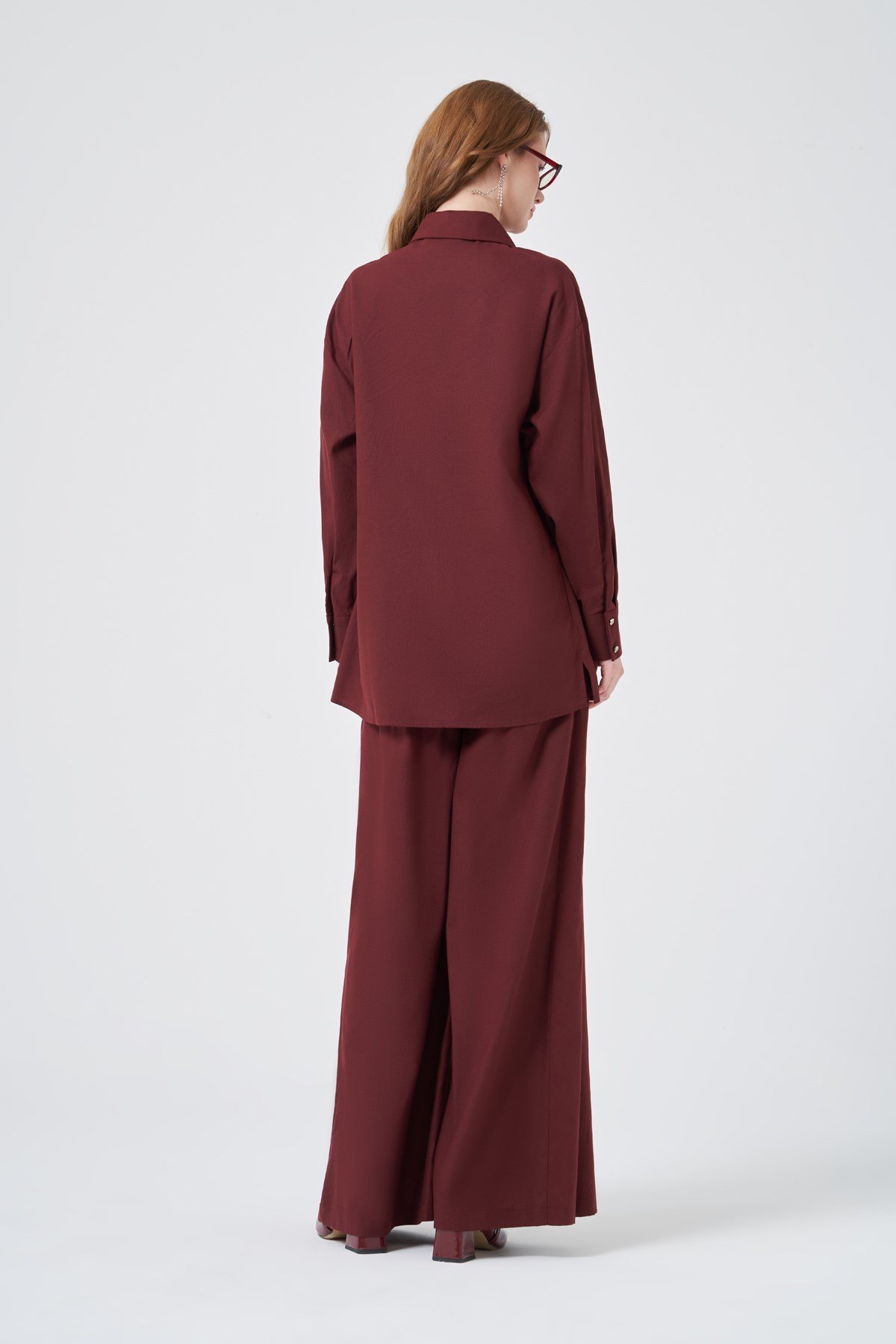 Kadın Zincir İşleme Tencel Keten Takım Bordo