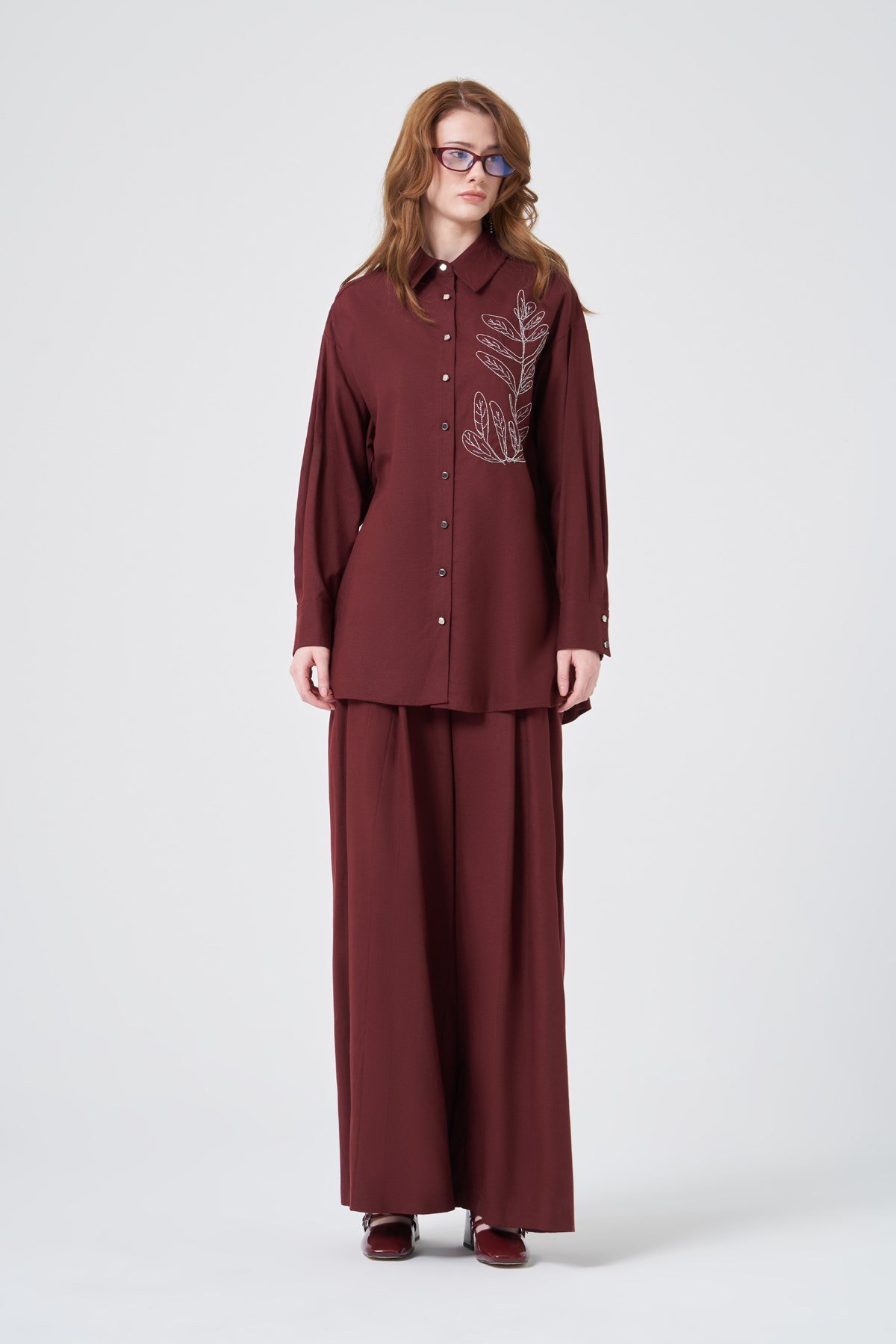 Kadın Zincir İşleme Tencel Keten Takım Bordo