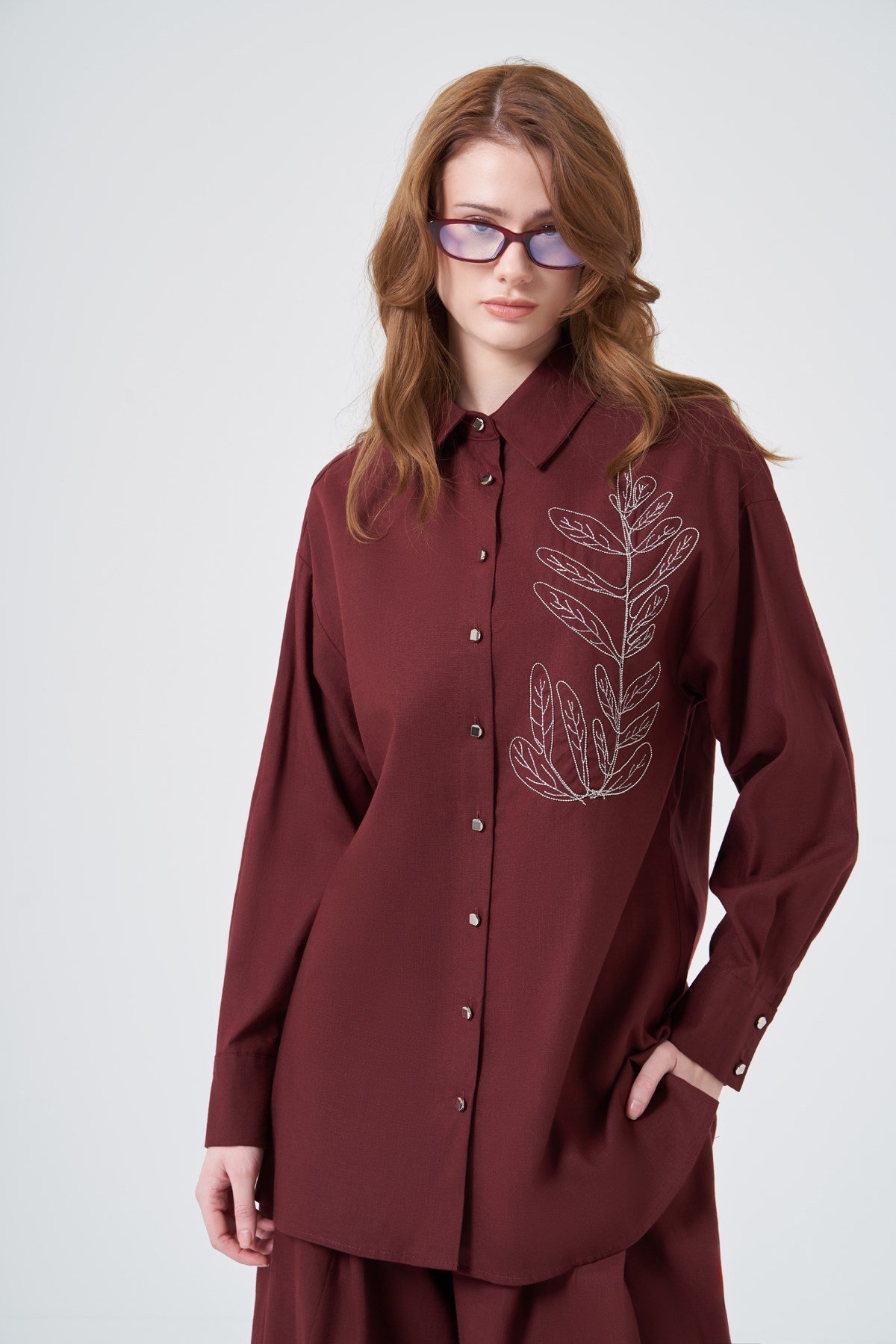 Kadın Zincir İşleme Tencel Keten Takım Bordo