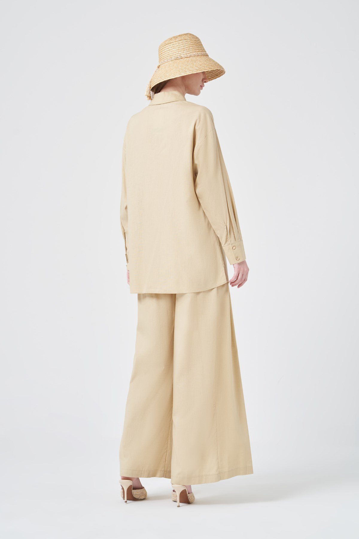 Kadın Zincir İşleme Tencel Keten Takım Beige