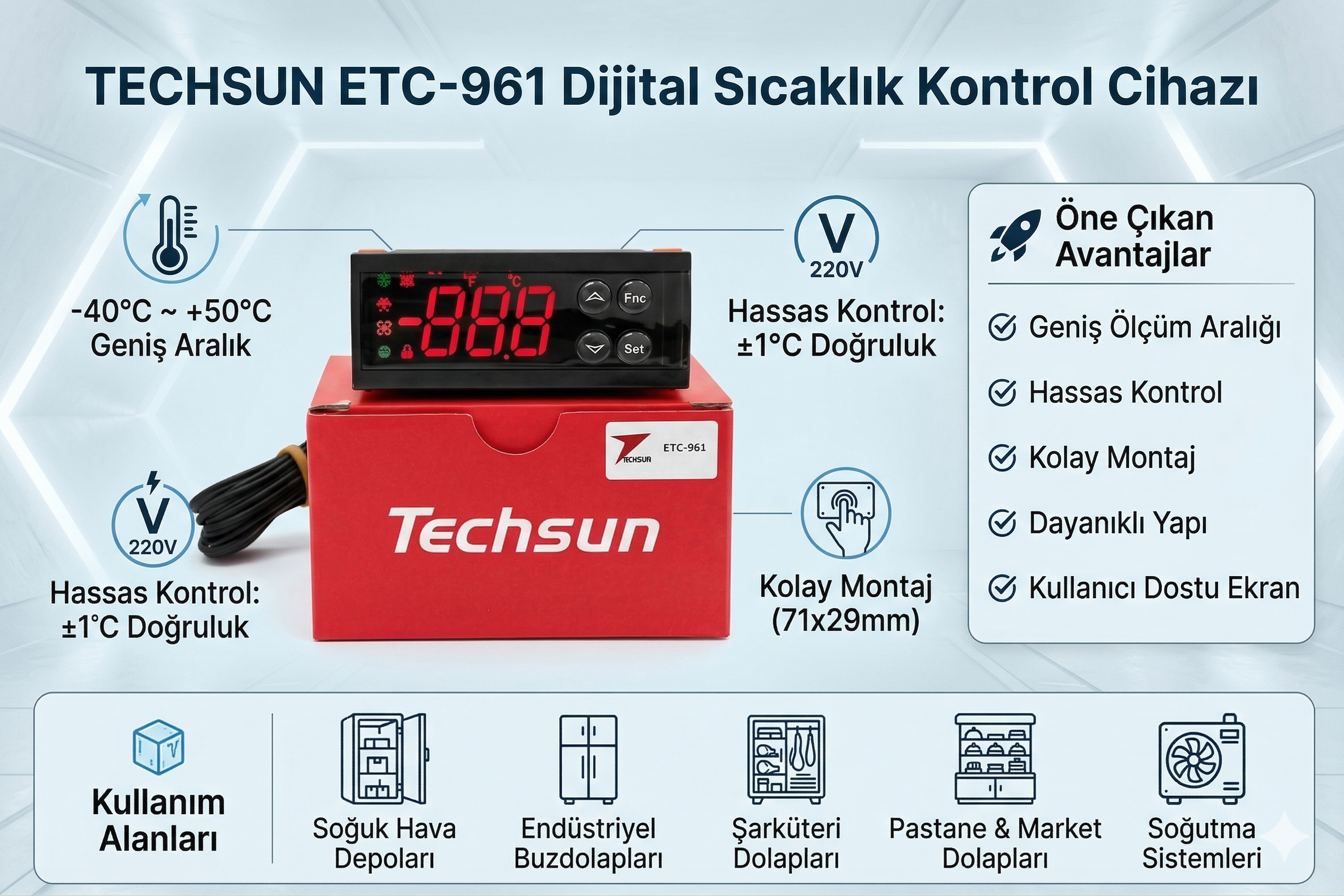 Techsun ETC 961 220V Dijital Termostat Tek Prob Soğutma Kontrol Cihazı