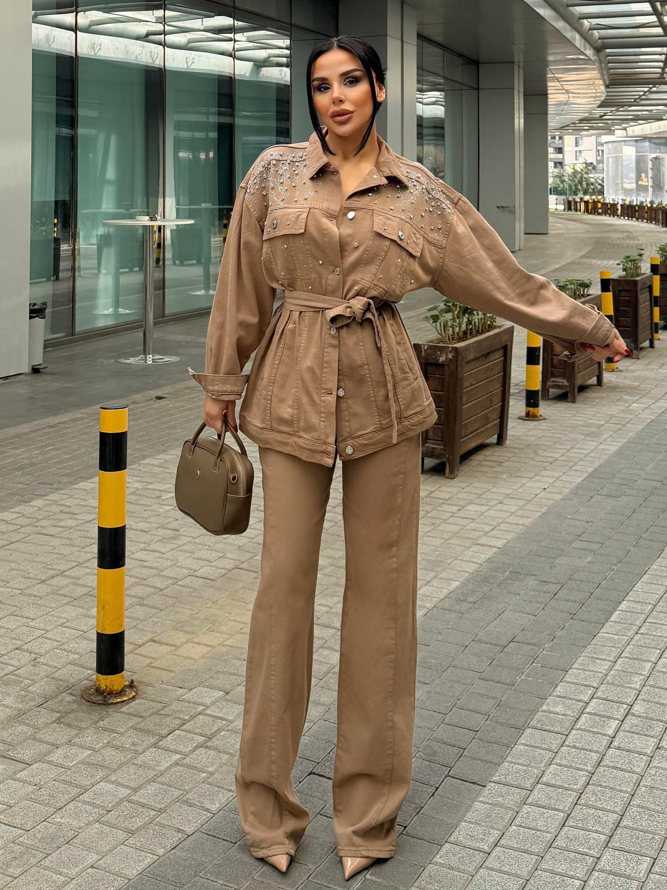  Avian Taş İşleme Detaylı Denim Takım Kahve