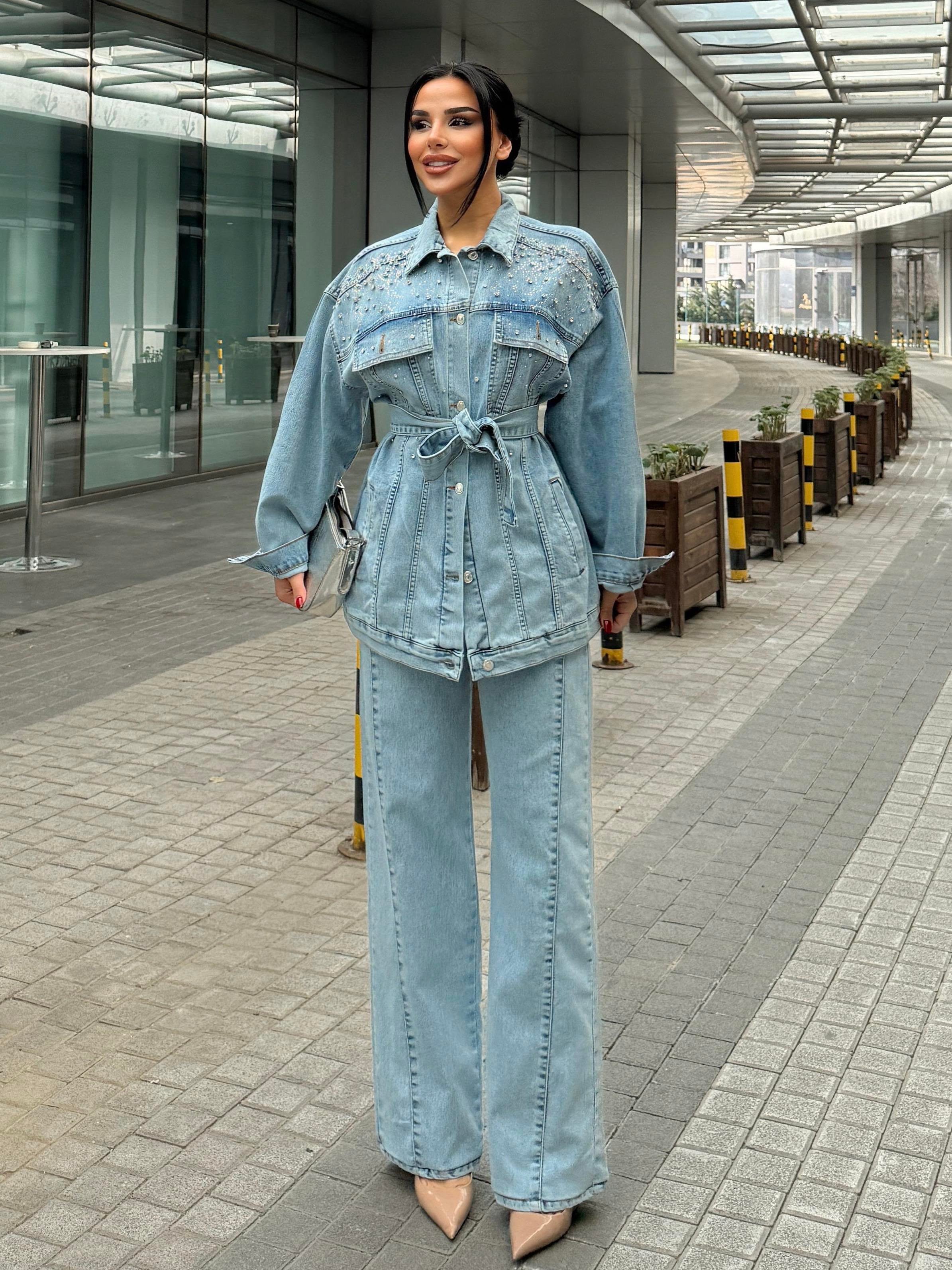  Avian Taş İşleme Detaylı Denim Takım Mavi