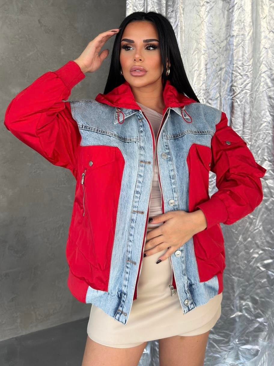  Slesya Denim Detaylı Paraşüt Ceket Kırmızı