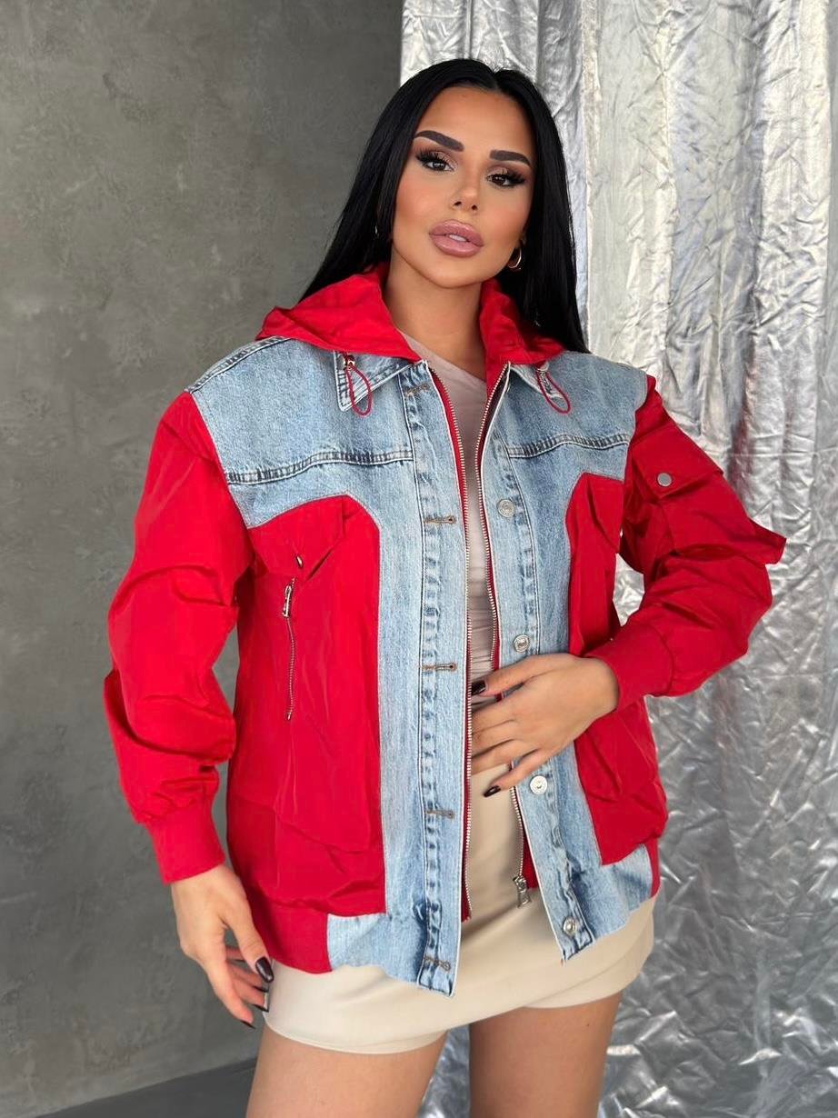  Slesya Denim Detaylı Paraşüt Ceket Kırmızı