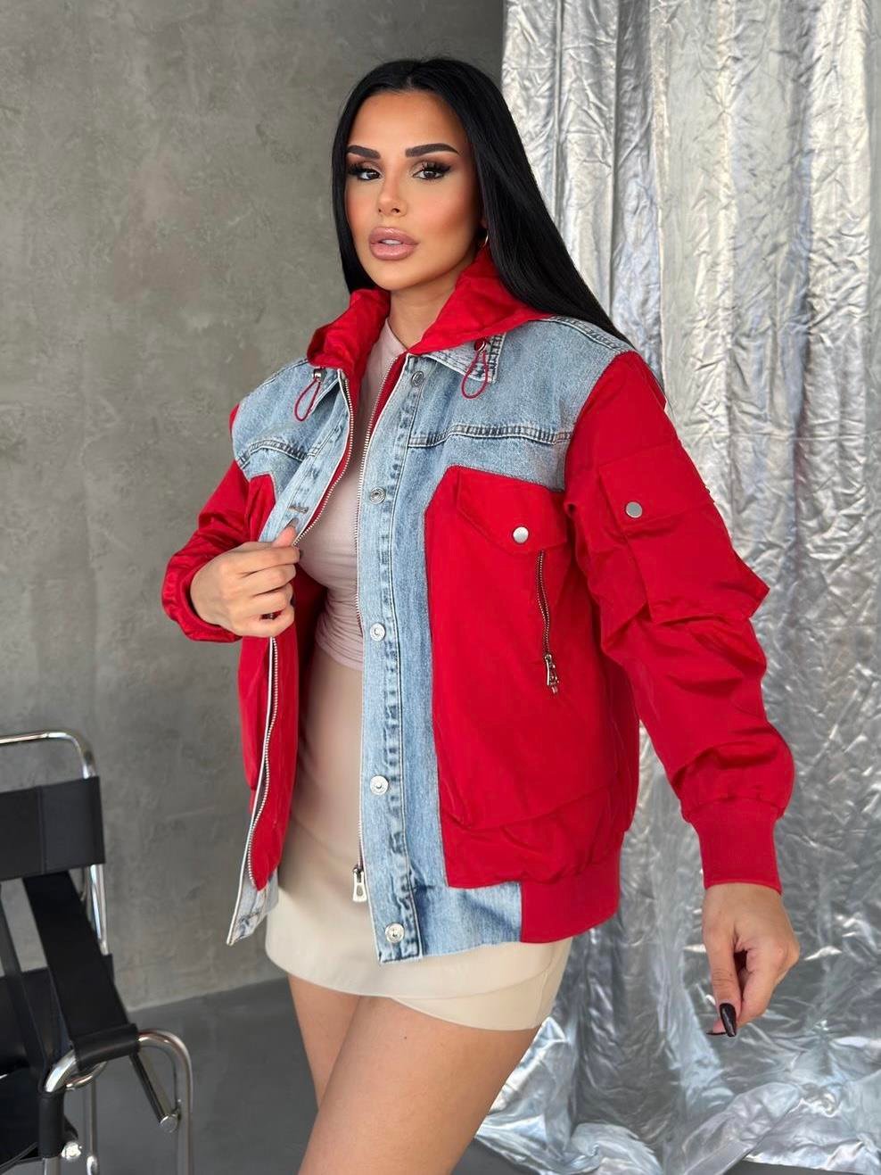  Slesya Denim Detaylı Paraşüt Ceket Kırmızı