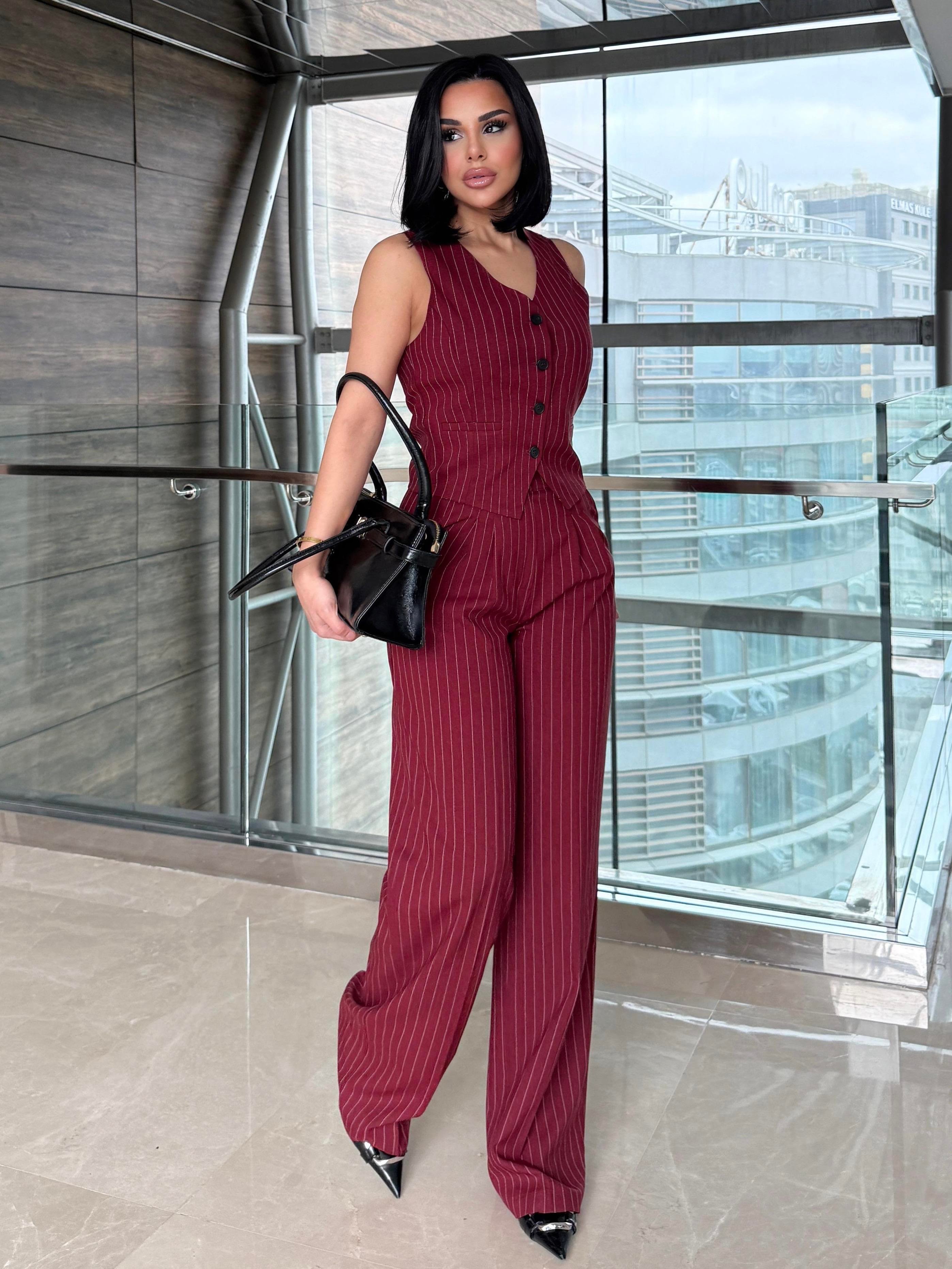 Ariana  Üçlü Takım Bordo Çizgili