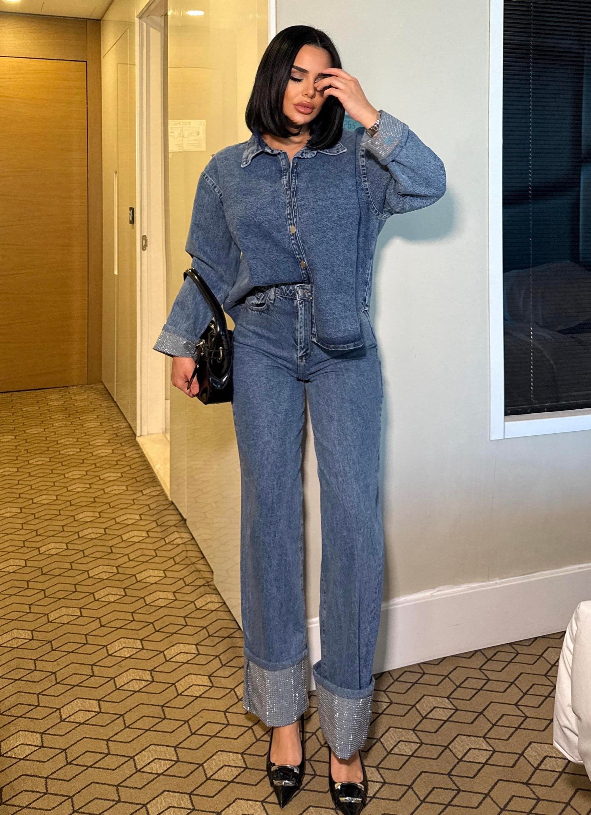 Ativa Taş Detaylı Denim Takım Mavi