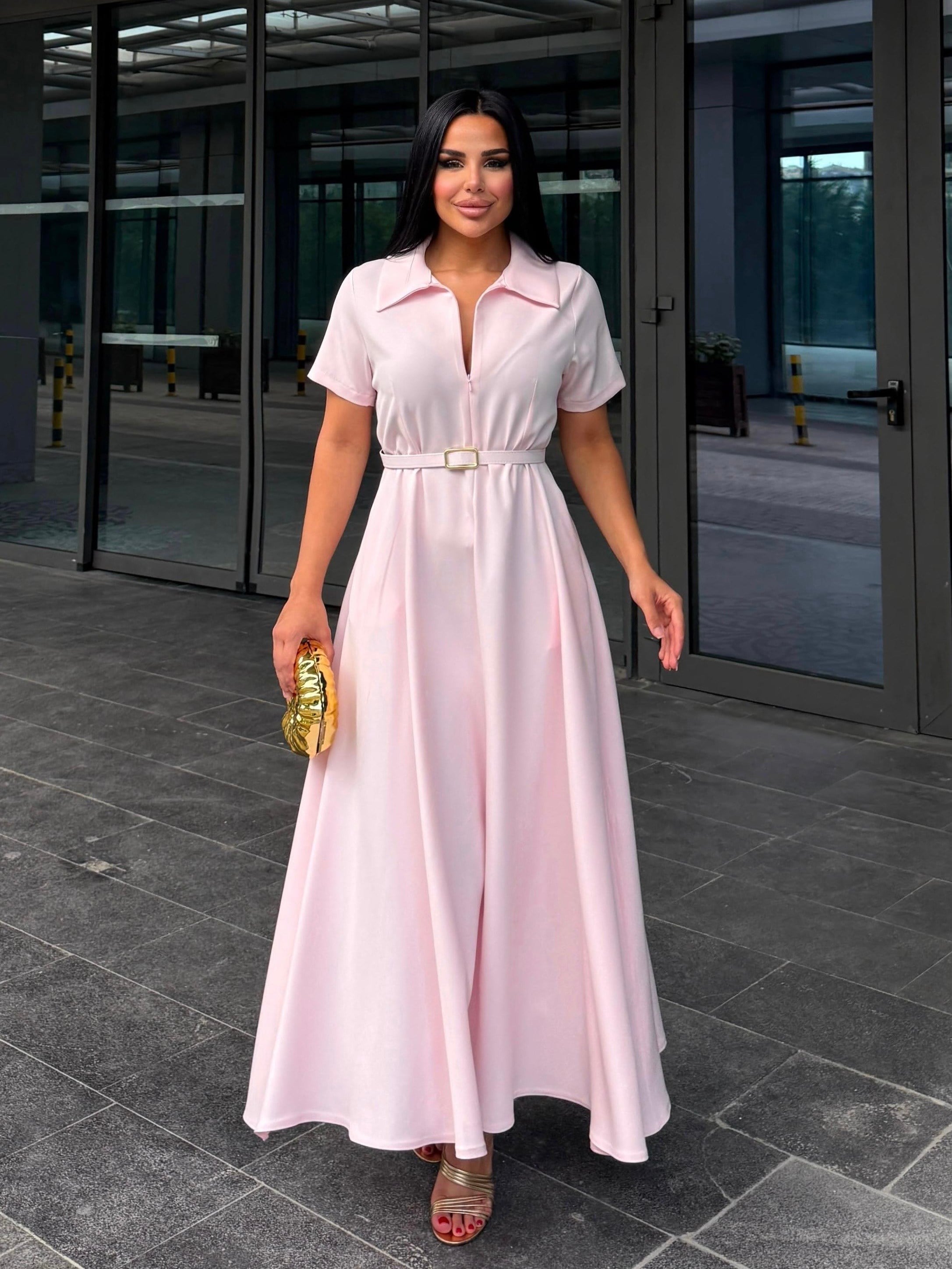 Berila Kemer Detaylı Elbise Pembe