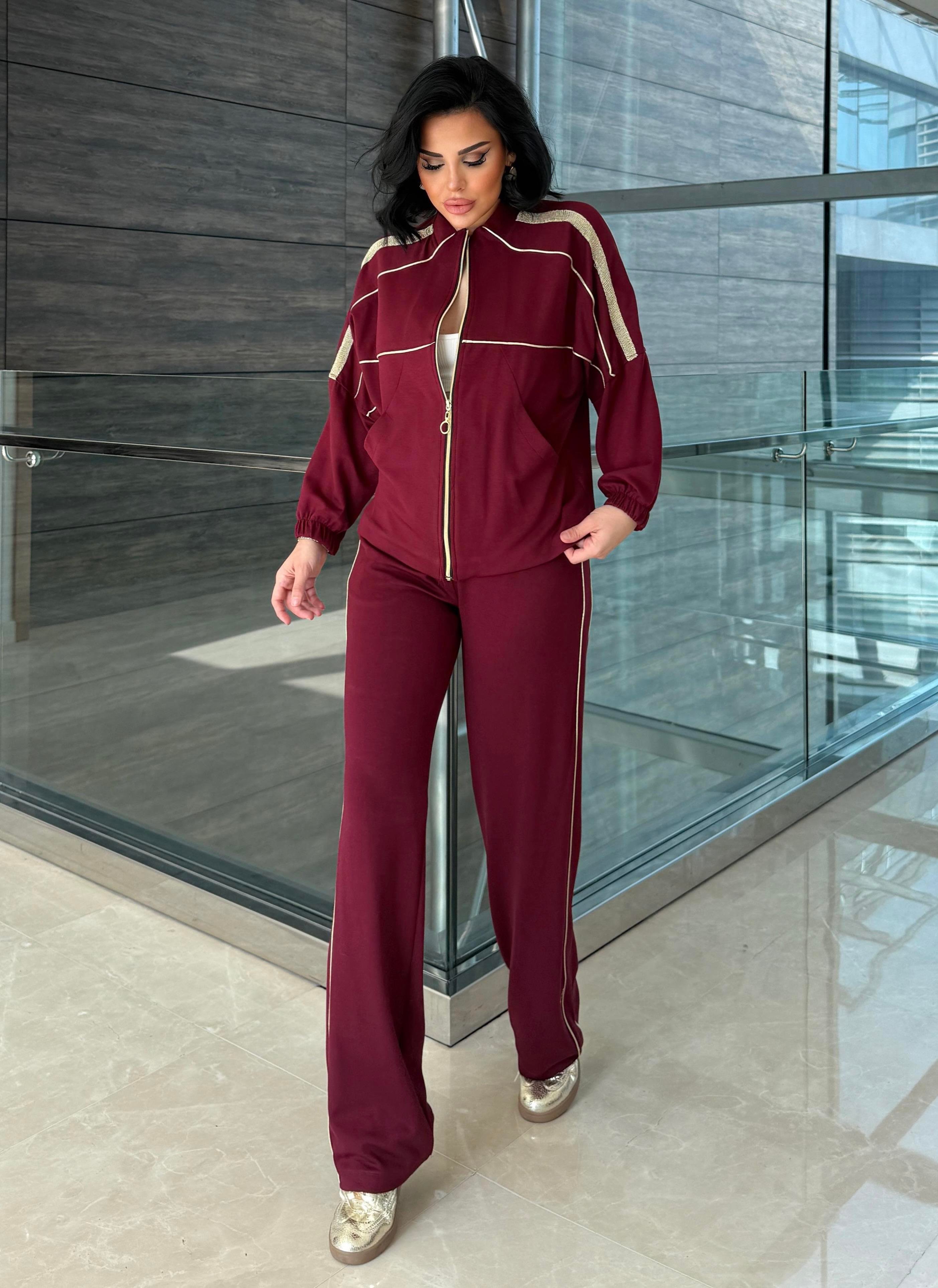 Bery Çizgili Detay Modal Takım Bordo