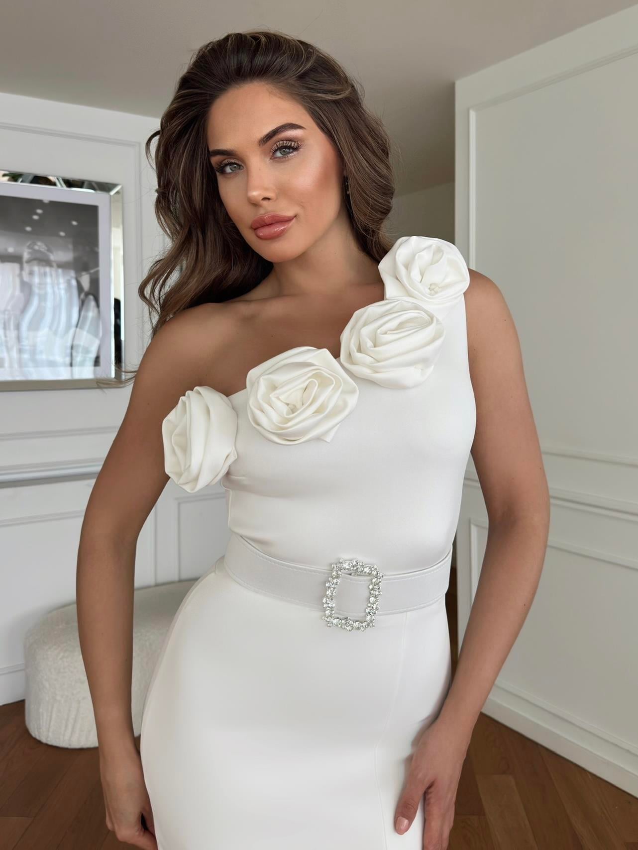 Beytie Taş Toka Detaylı Elbise Beyaz