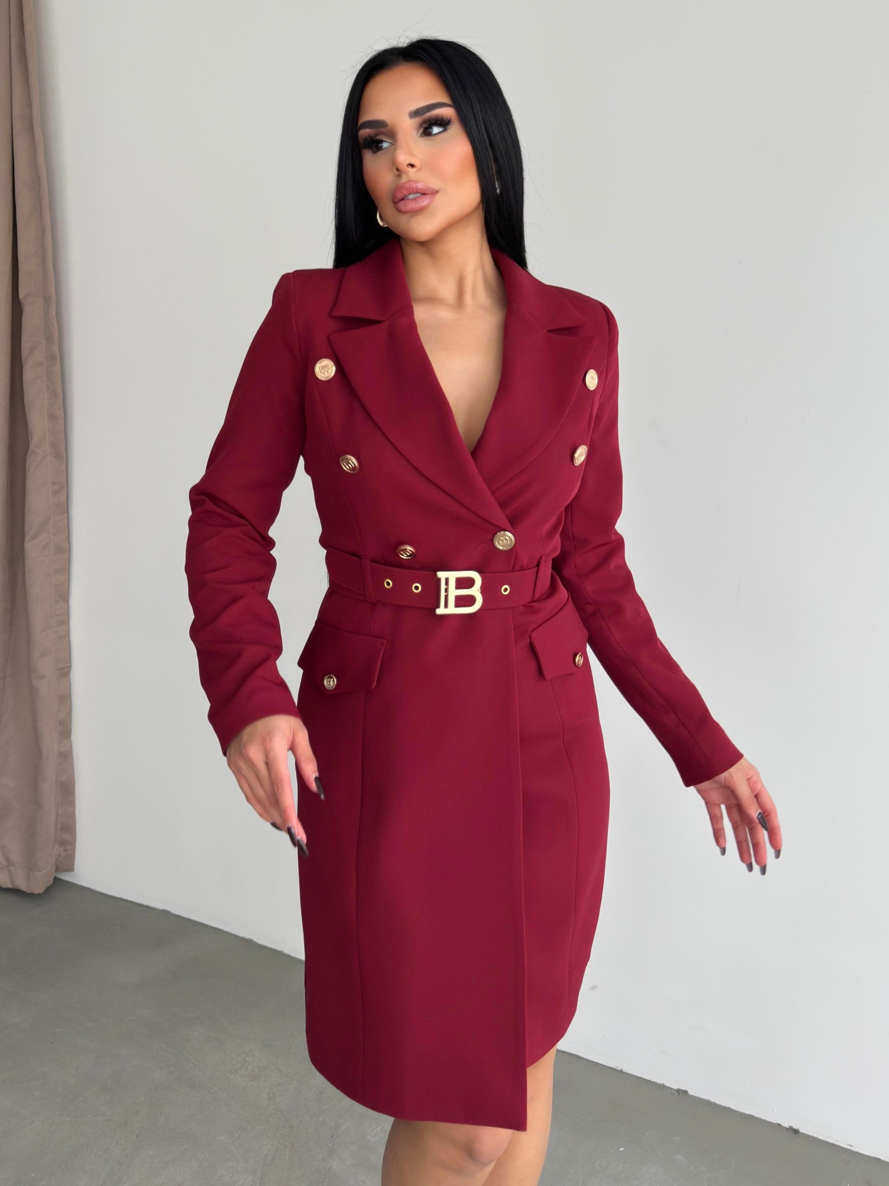 Blonger Gold Kemer Detaylı Elbise Bordo