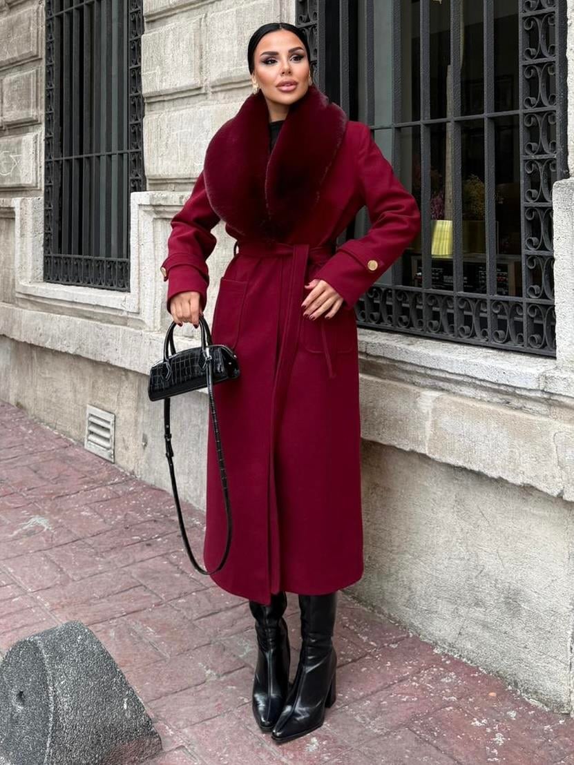 Brendas Kürk Yaka Kaşe Kaban Bordo