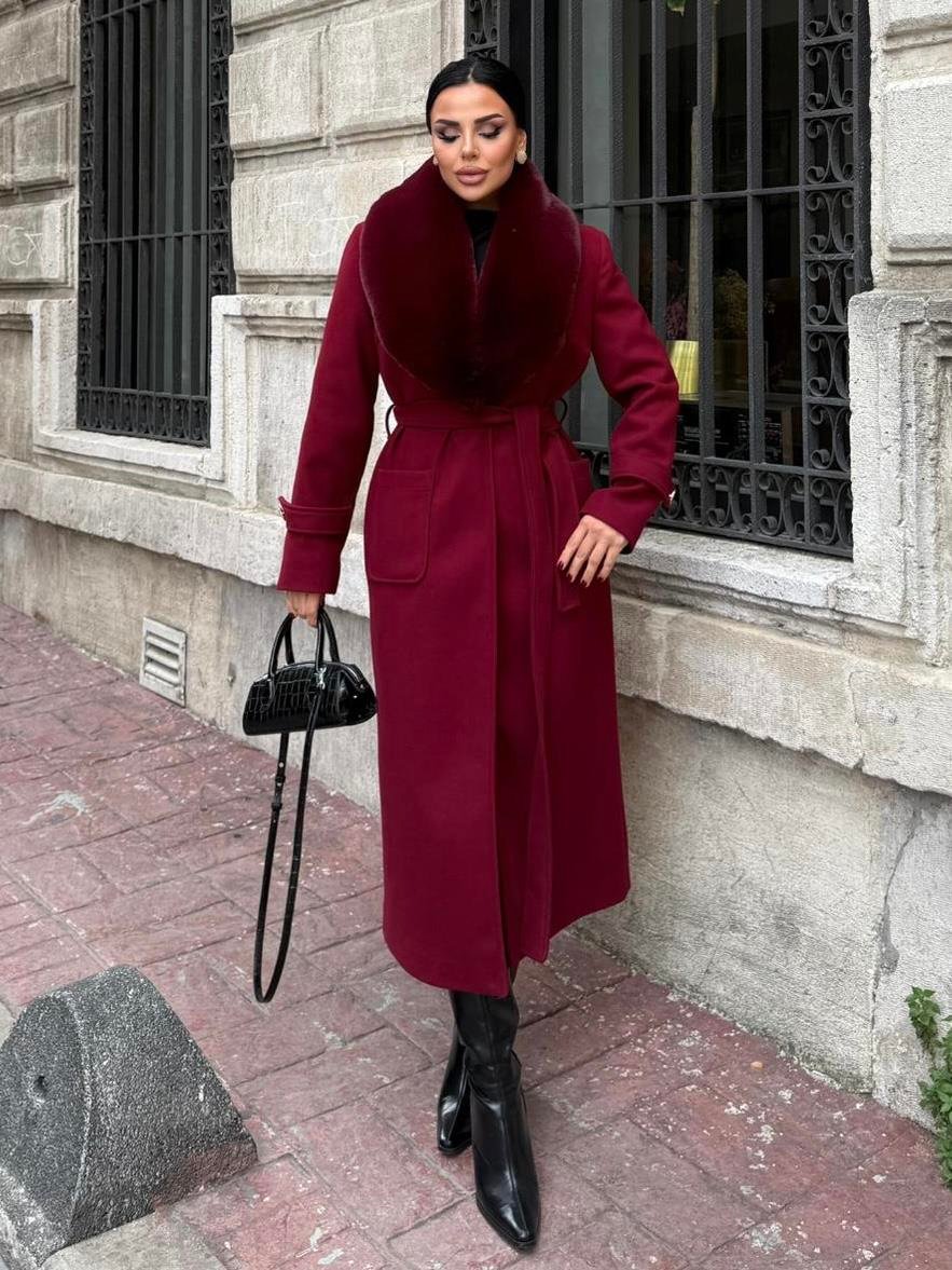 Brendas Kürk Yaka Kaşe Kaban Bordo
