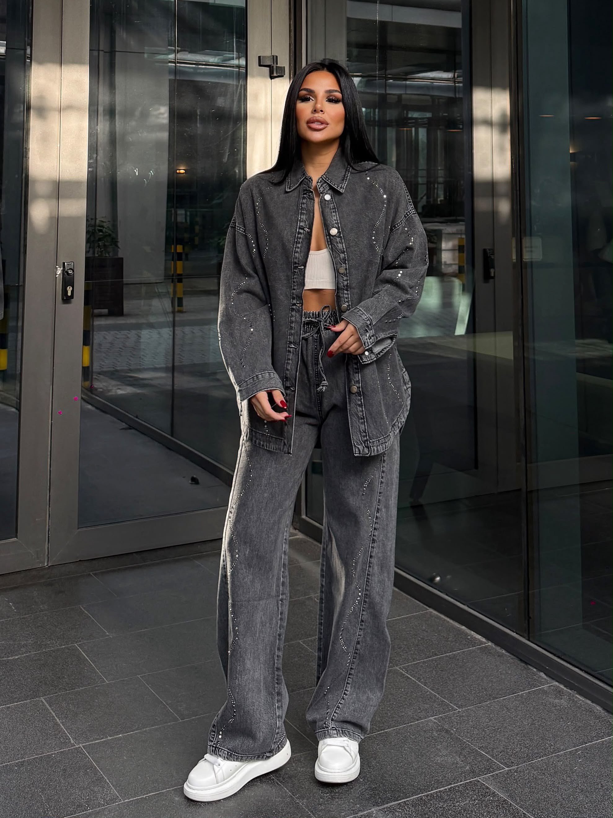 Cesia Taş İşleme Detaylı Denim Takım Gri