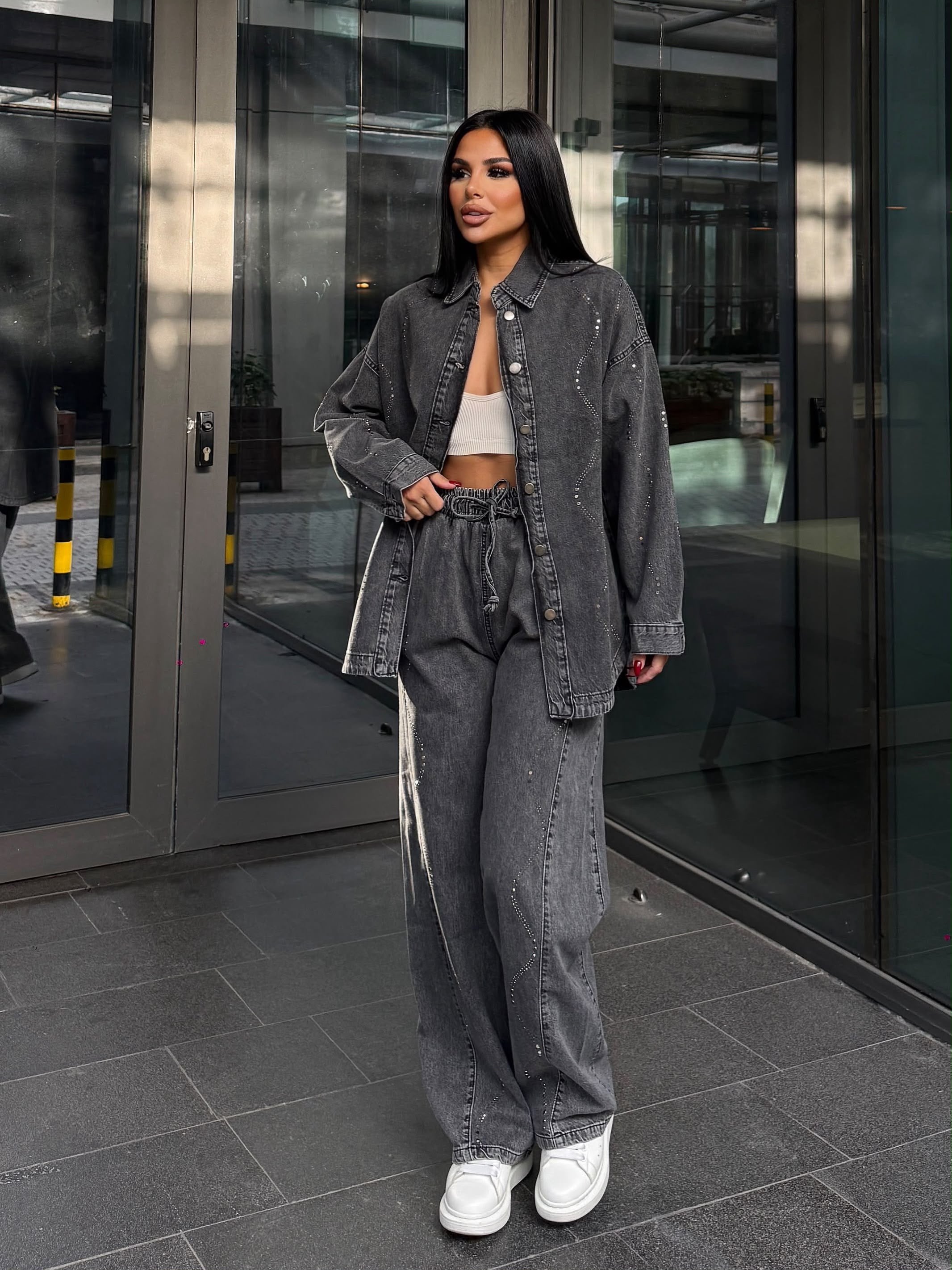 Cesia Taş İşleme Detaylı Denim Takım Gri