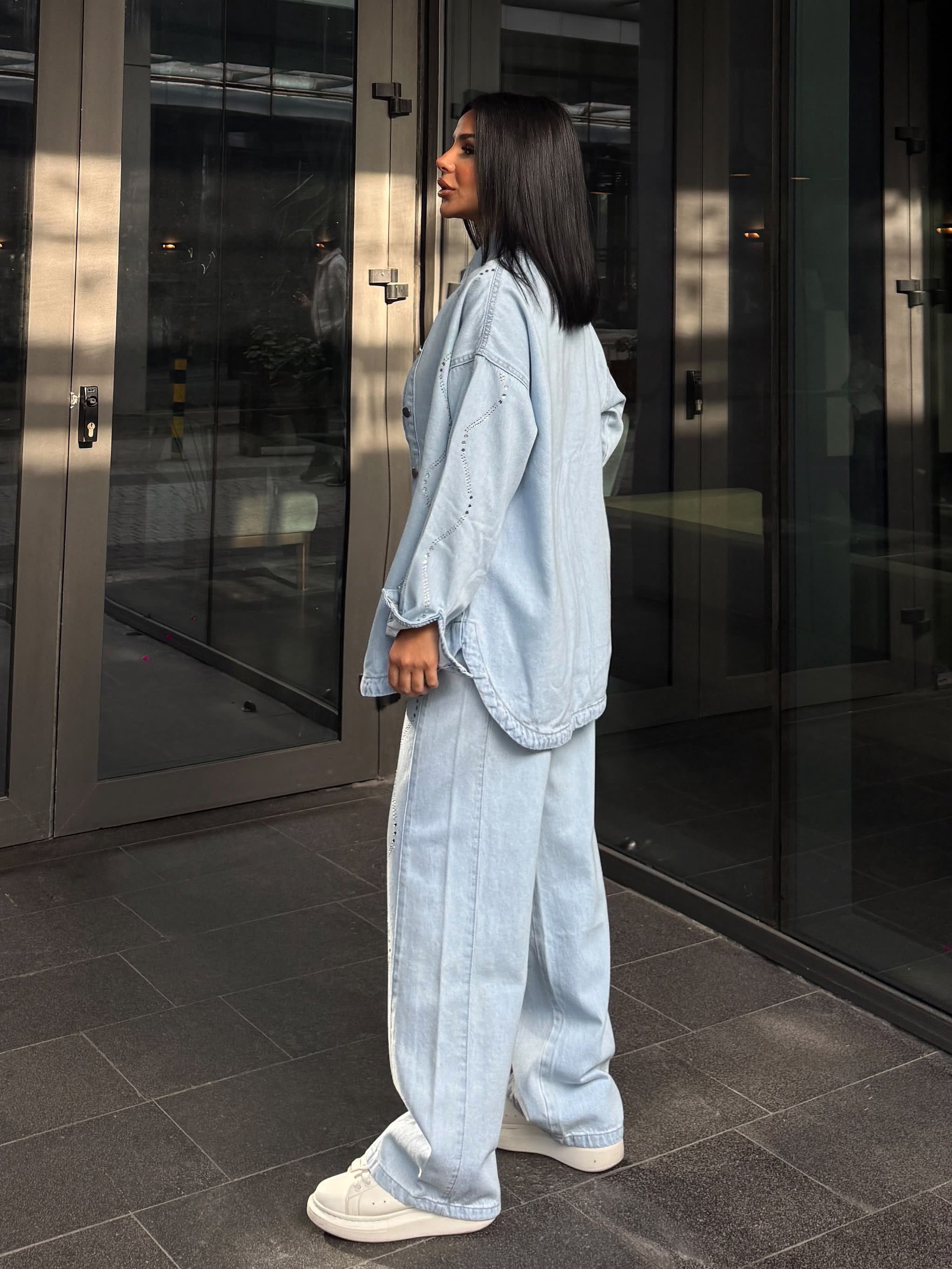 Cesia Taş İşleme Detaylı Denim Takım Mavi