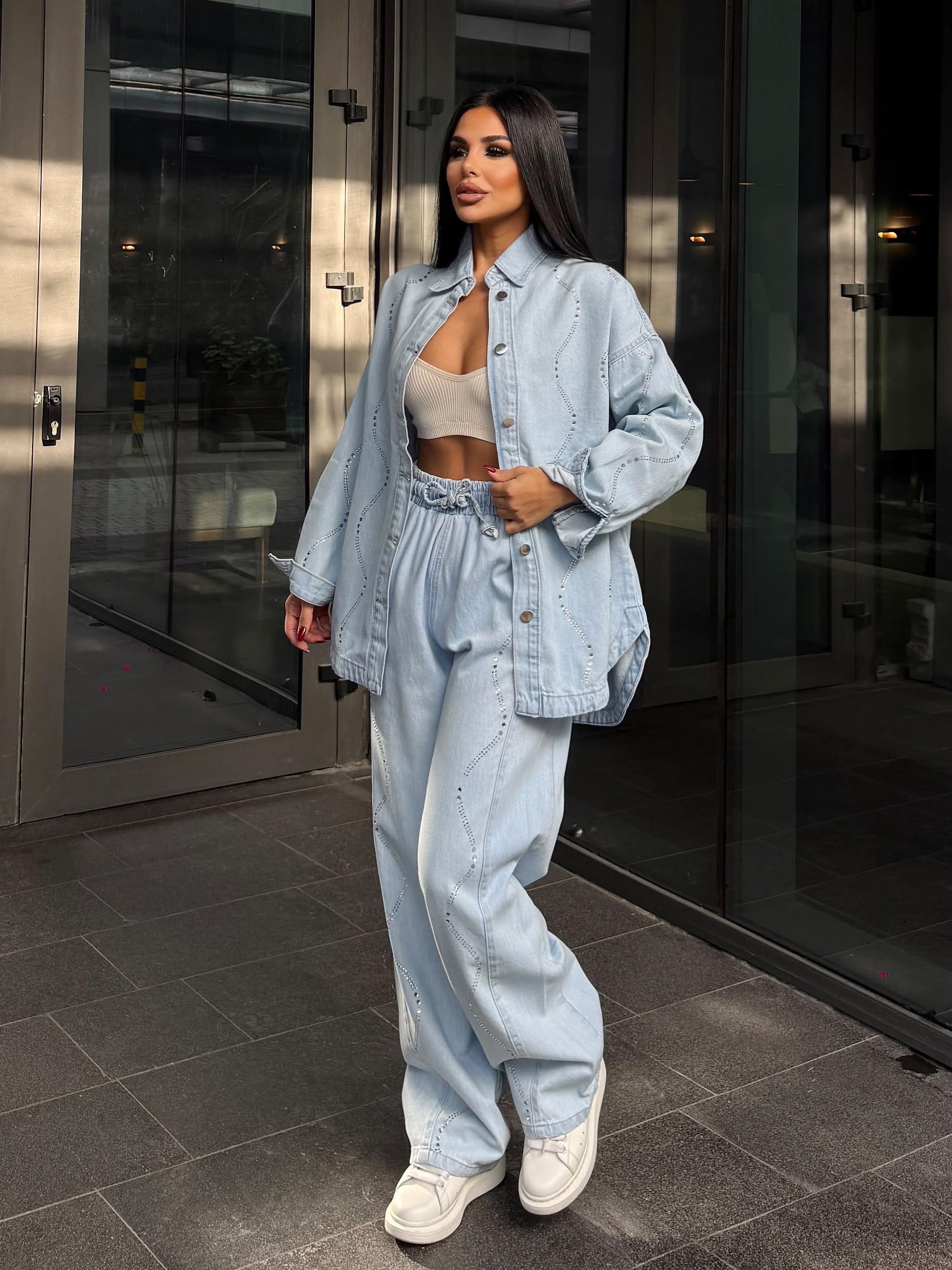 Cesia Taş İşleme Detaylı Denim Takım Mavi