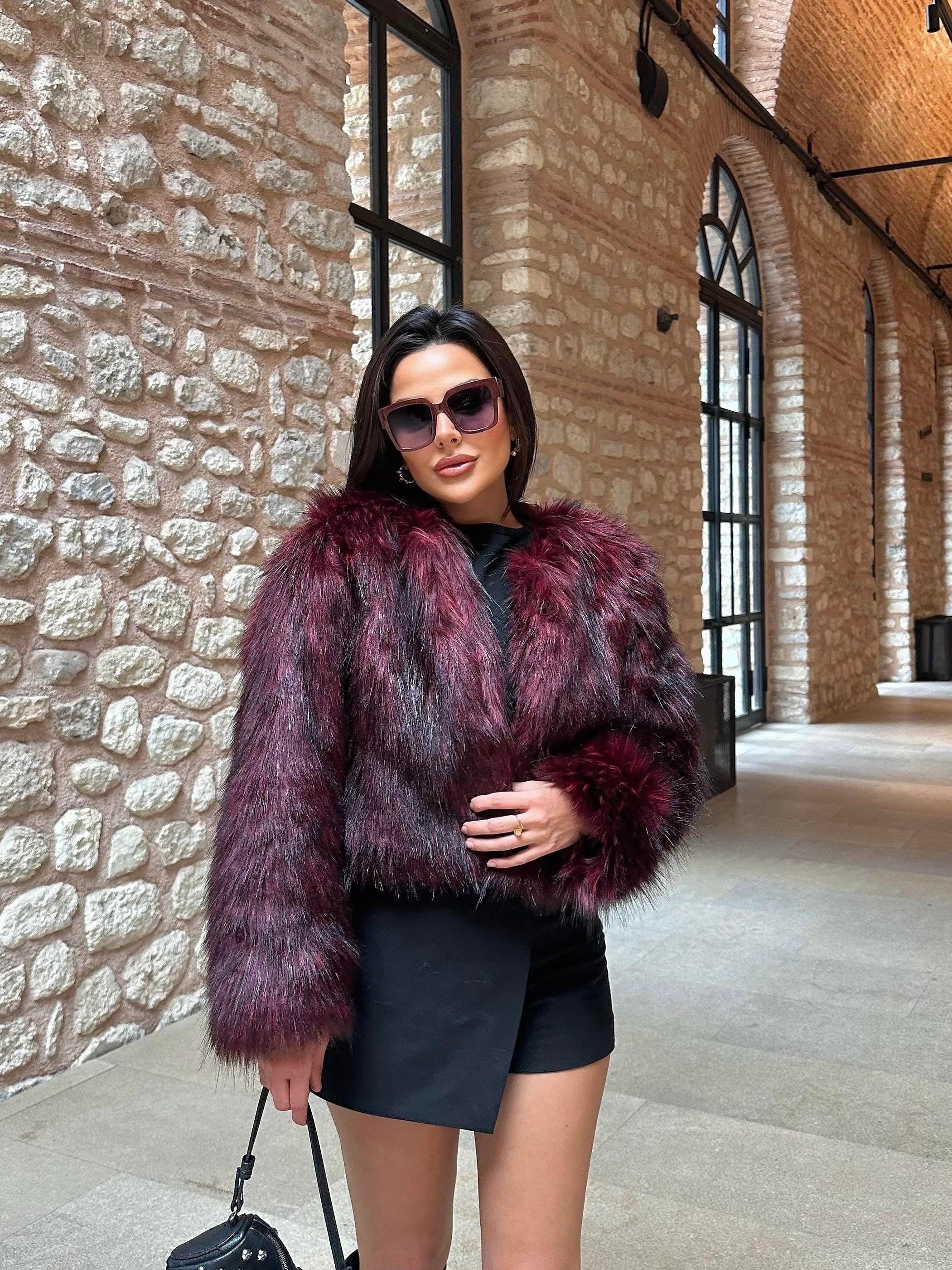 Chic Suni Kürk Kaban Bordo