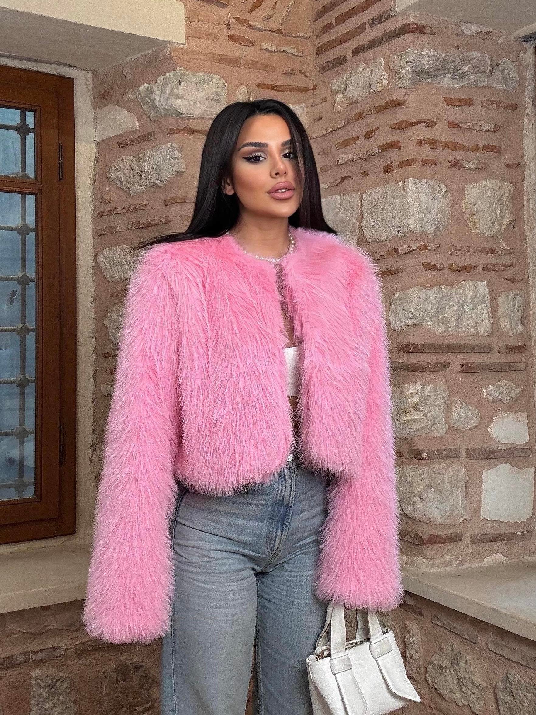 Crop Mini Kürk Şeker Pembe