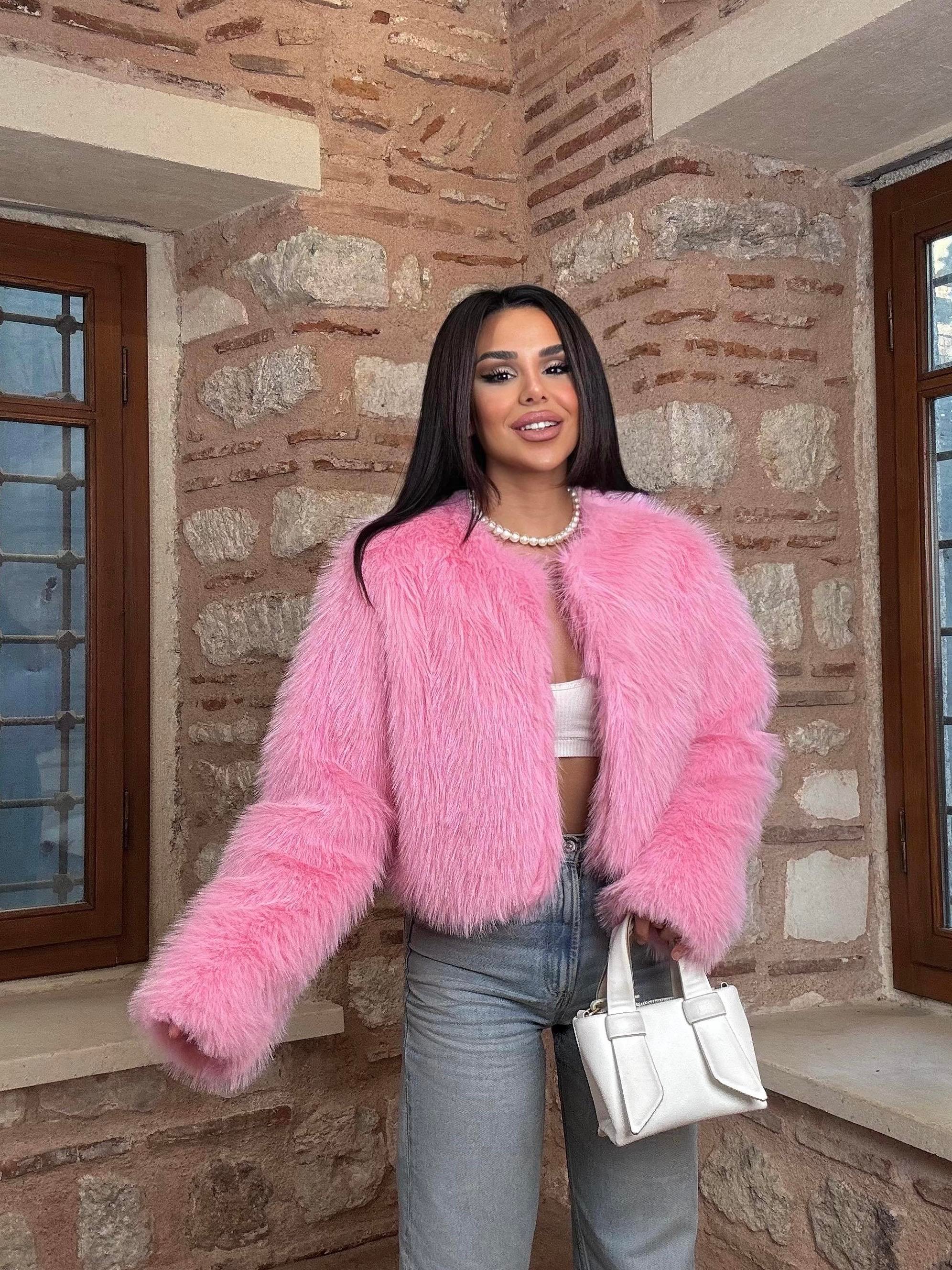 Crop Mini Kürk Şeker Pembe