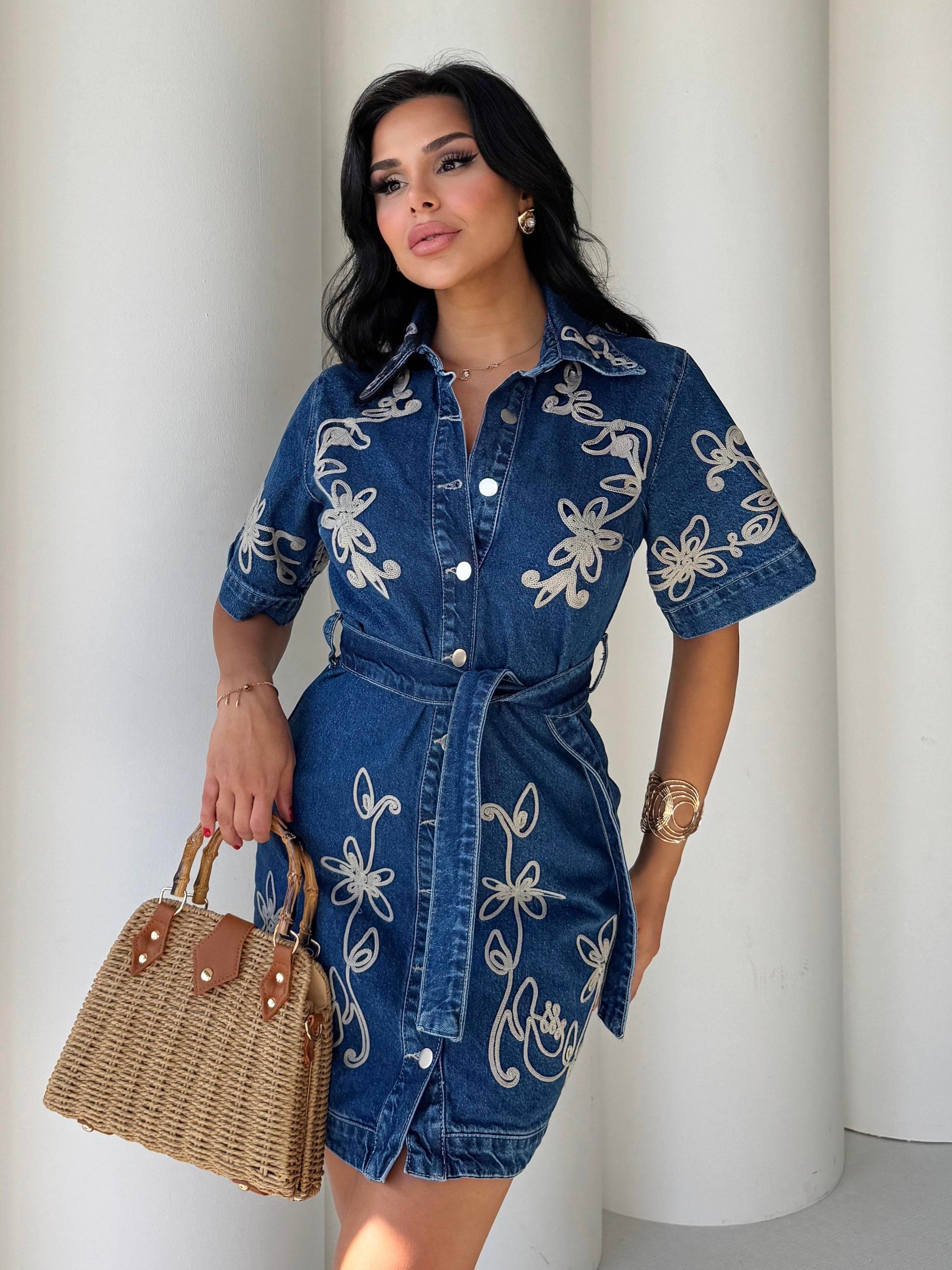 Danila İşleme Detaylı Denim Elbise Mavi