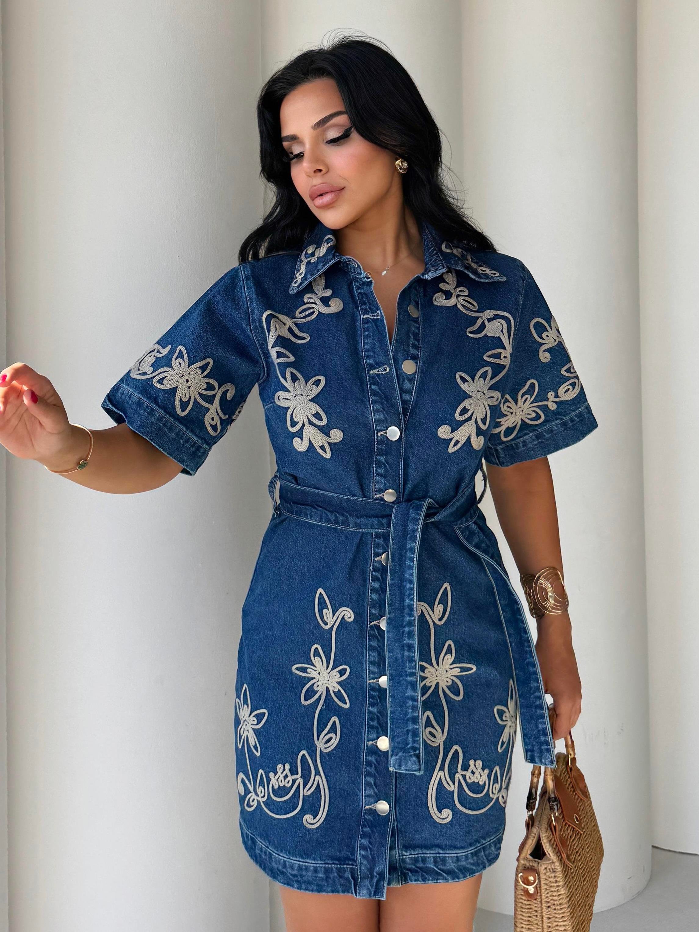 Danila İşleme Detaylı Denim Elbise Mavi