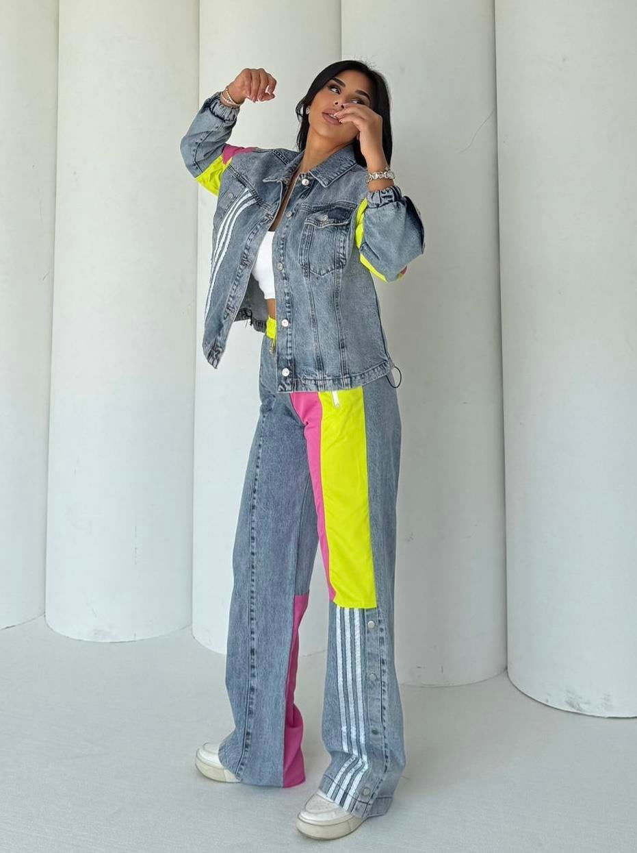 Delita Paraşüt Detaylı Denim Takım Pembe