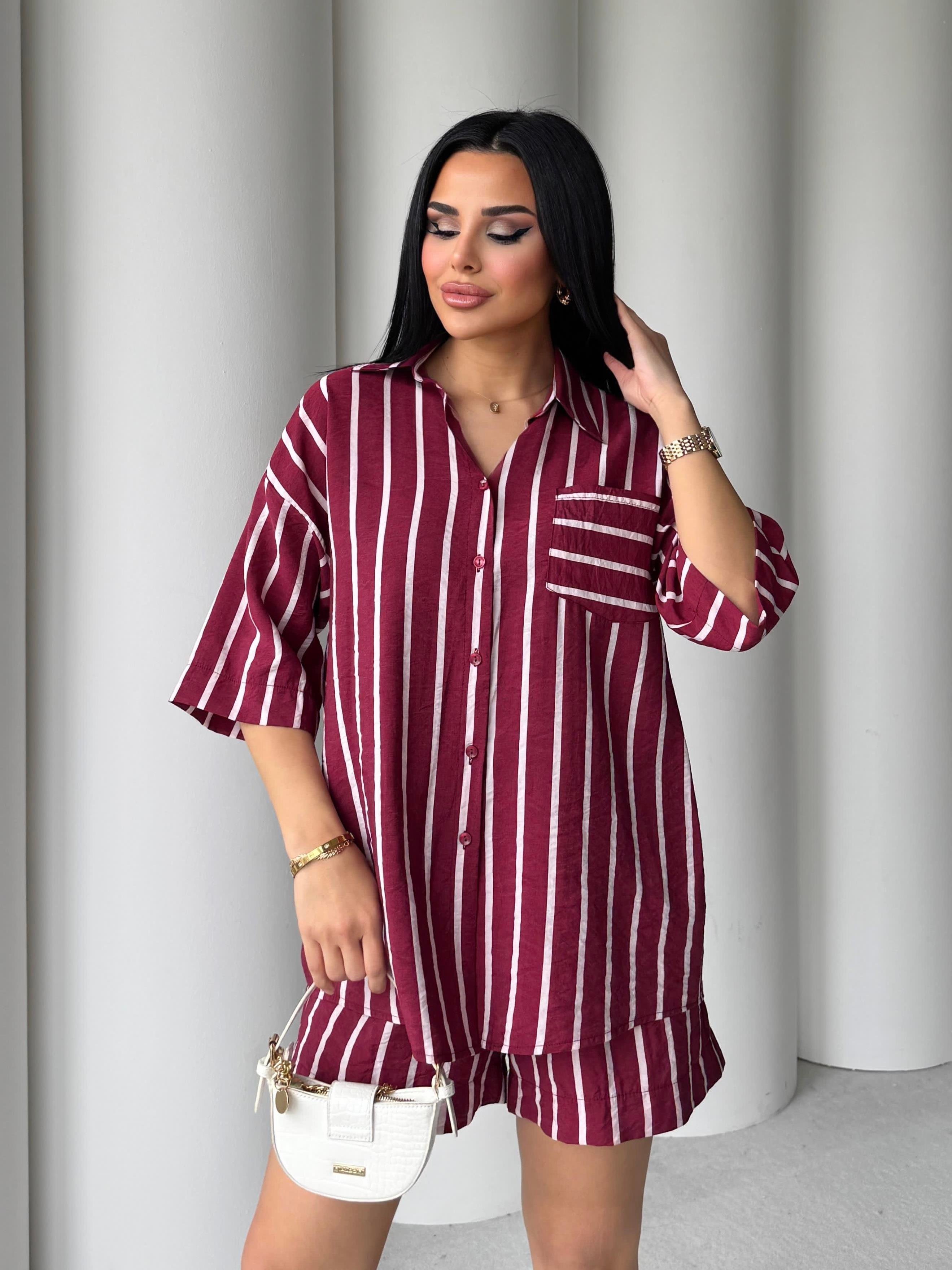 Della Çizgili Şortlu Takım Bordo