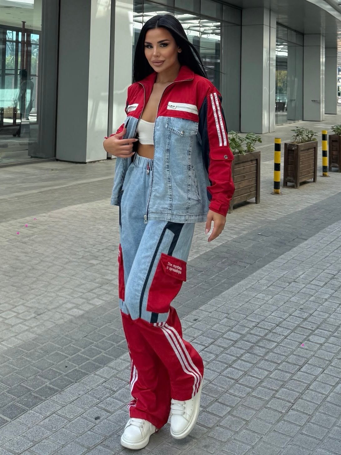 Diras Paraşüt Detaylı Denim Takım Kırmızı