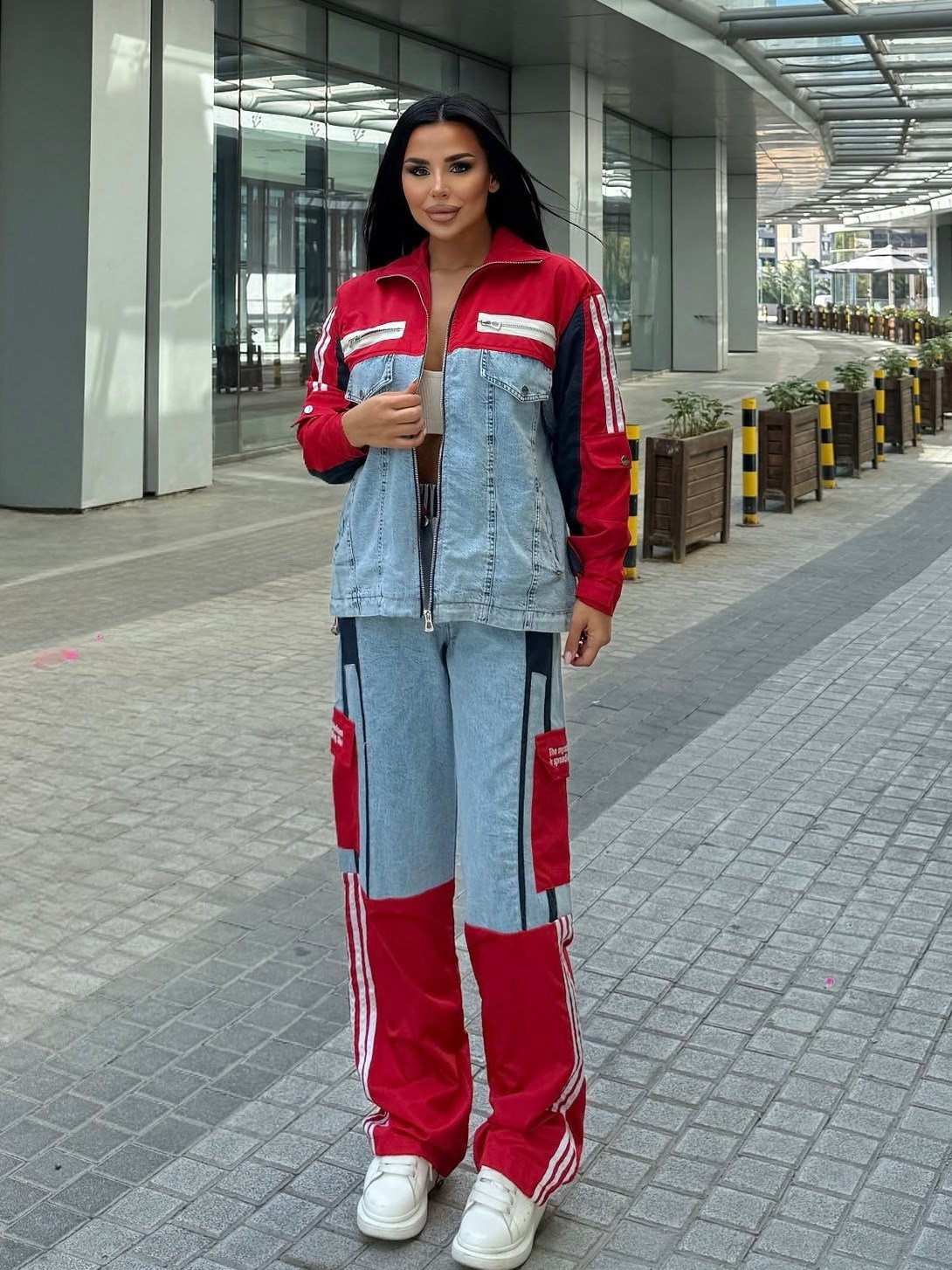 Diras Paraşüt Detaylı Denim Takım Kırmızı