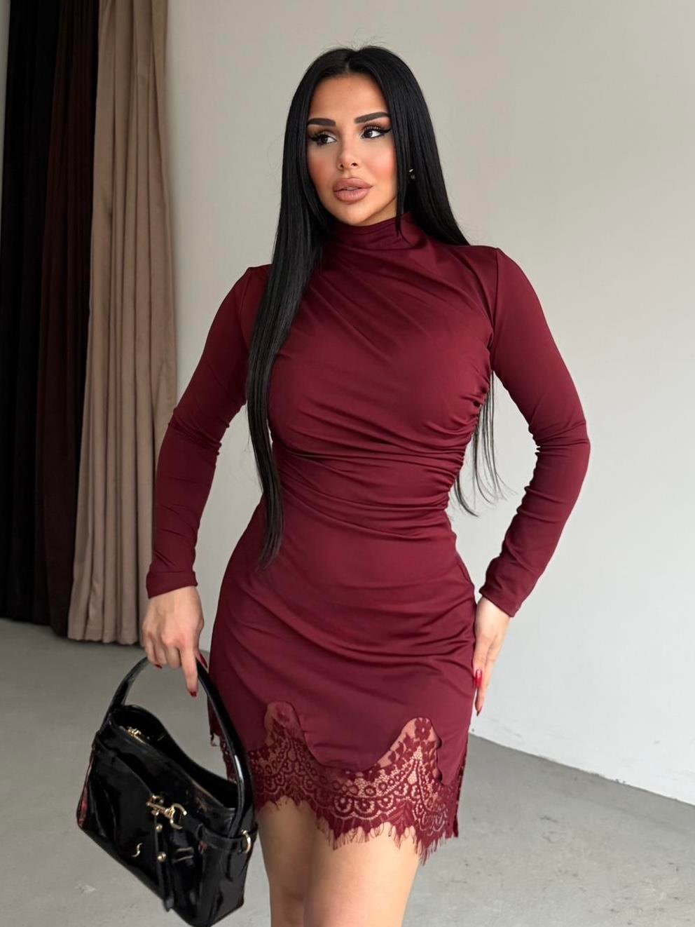 Elena Dantel Detaylı Elbise Bordo