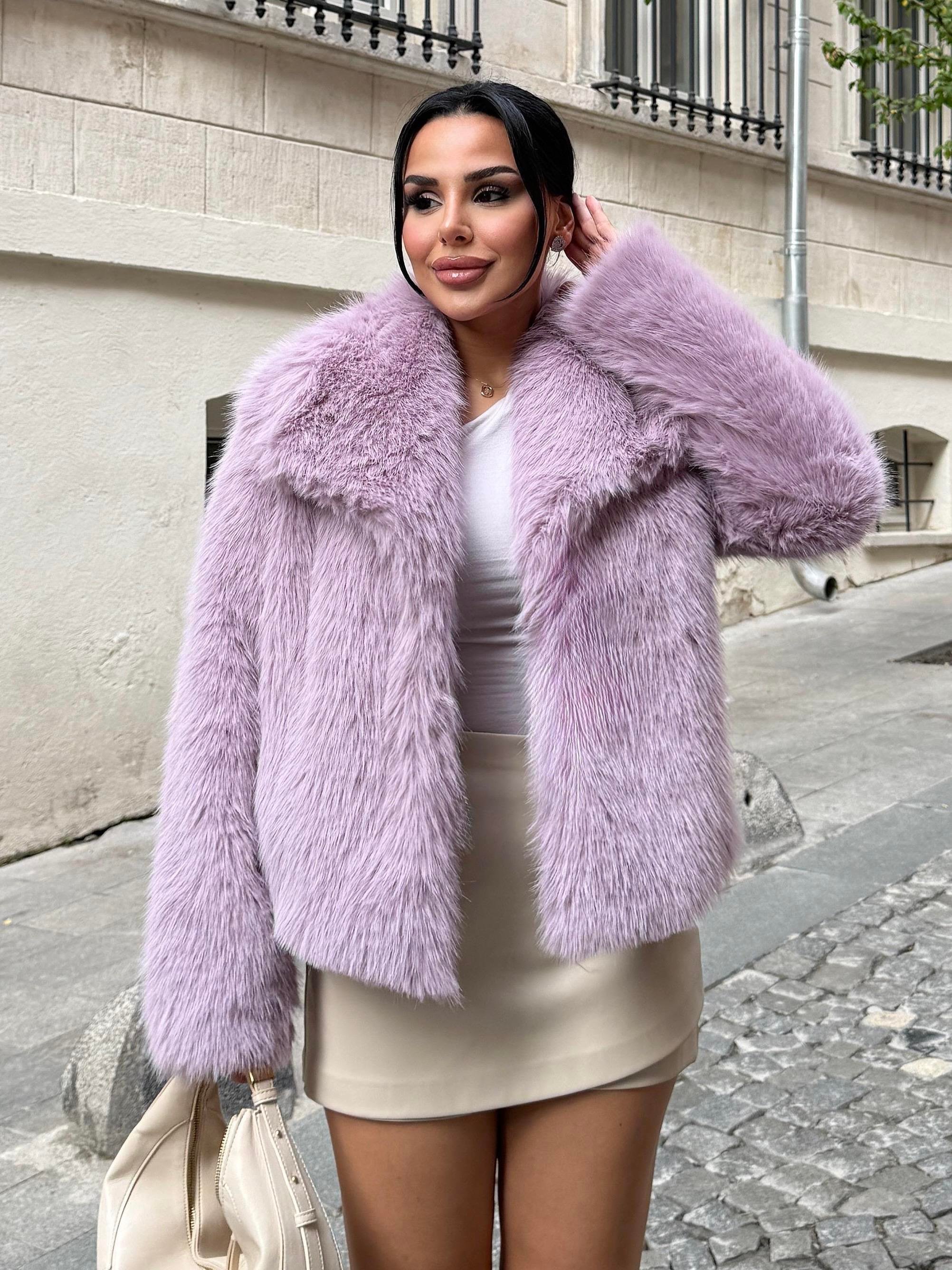 Eyfel Şal Yaka Kürk Kaban Lila