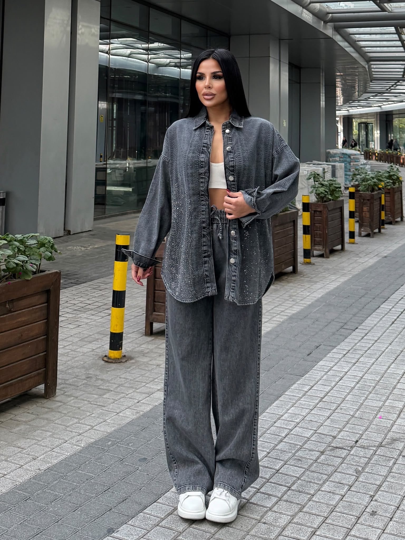 Fashe Taş Detaylı Denim Takım Gri