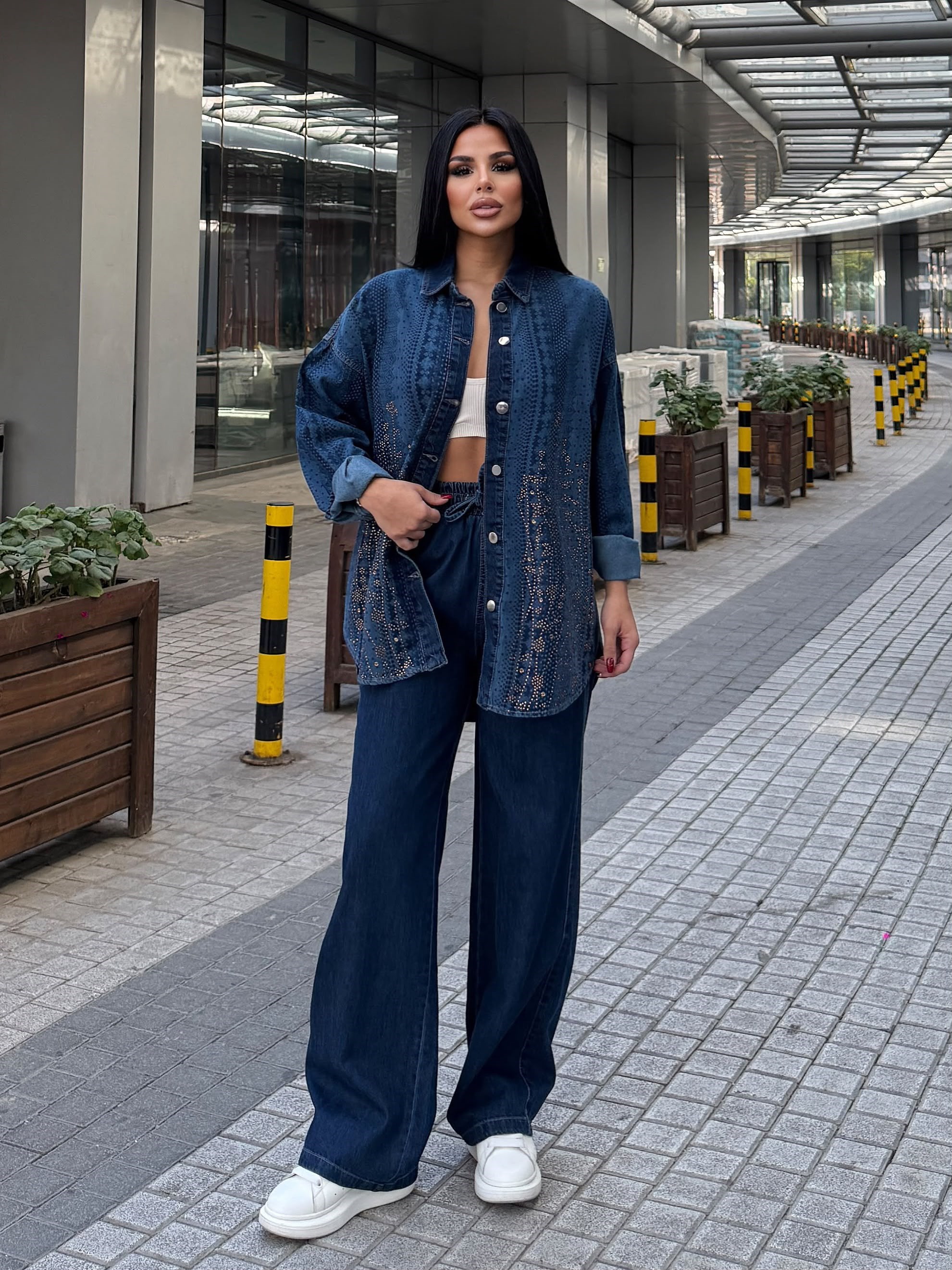 Fashe Taş Detaylı Denim Takım Lacivert