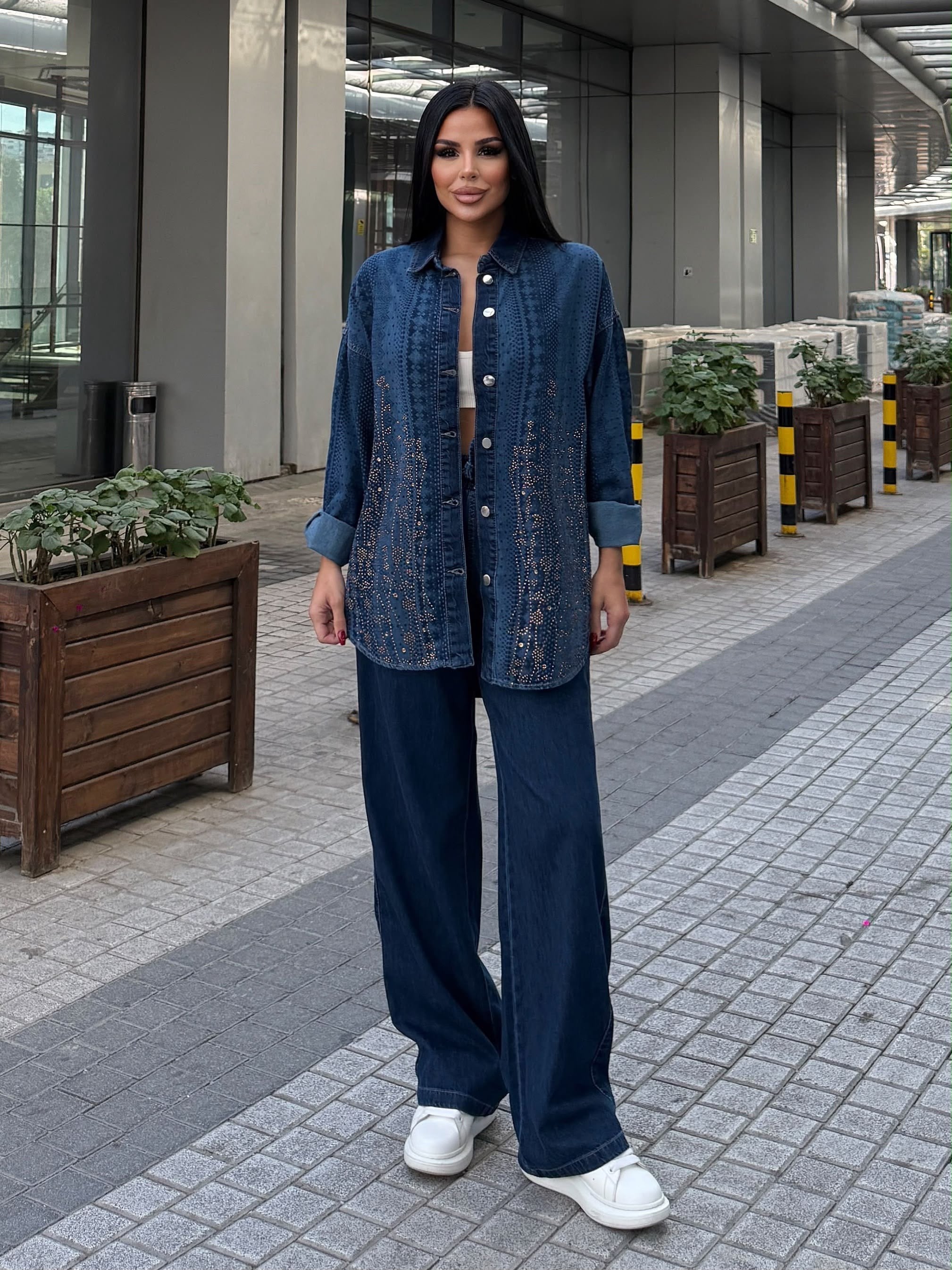 Fashe Taş Detaylı Denim Takım Lacivert