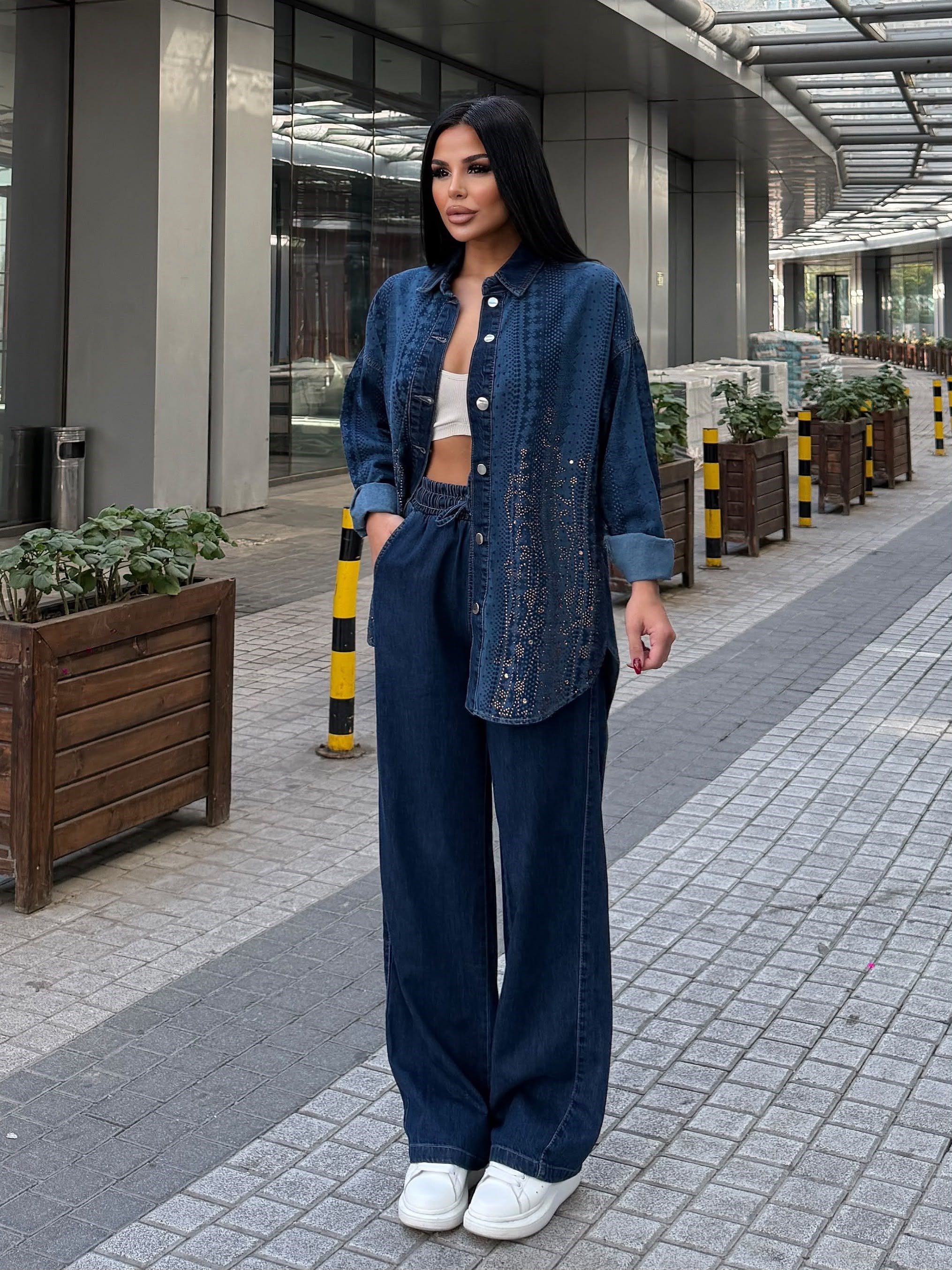 Fashe Taş Detaylı Denim Takım Lacivert