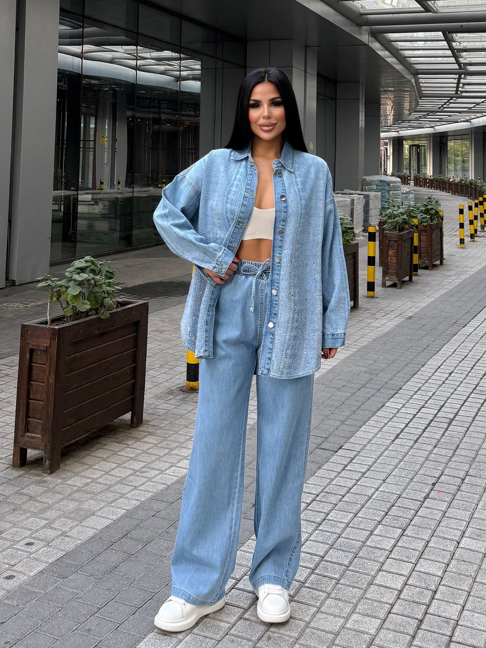 Fashe Taş Detaylı Denim Takım Mavi