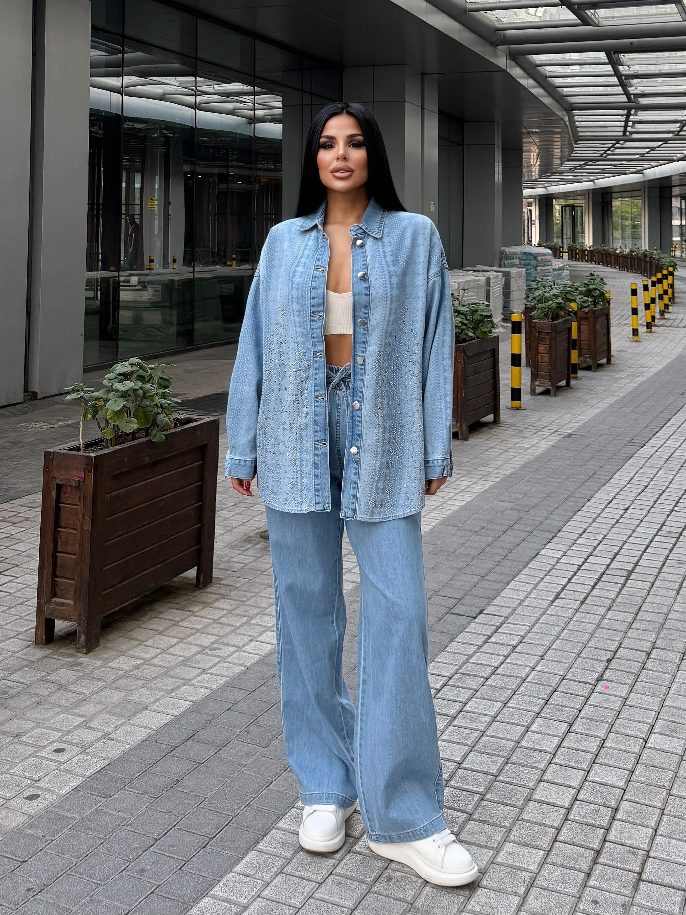 Fashe Taş Detaylı Denim Takım Mavi