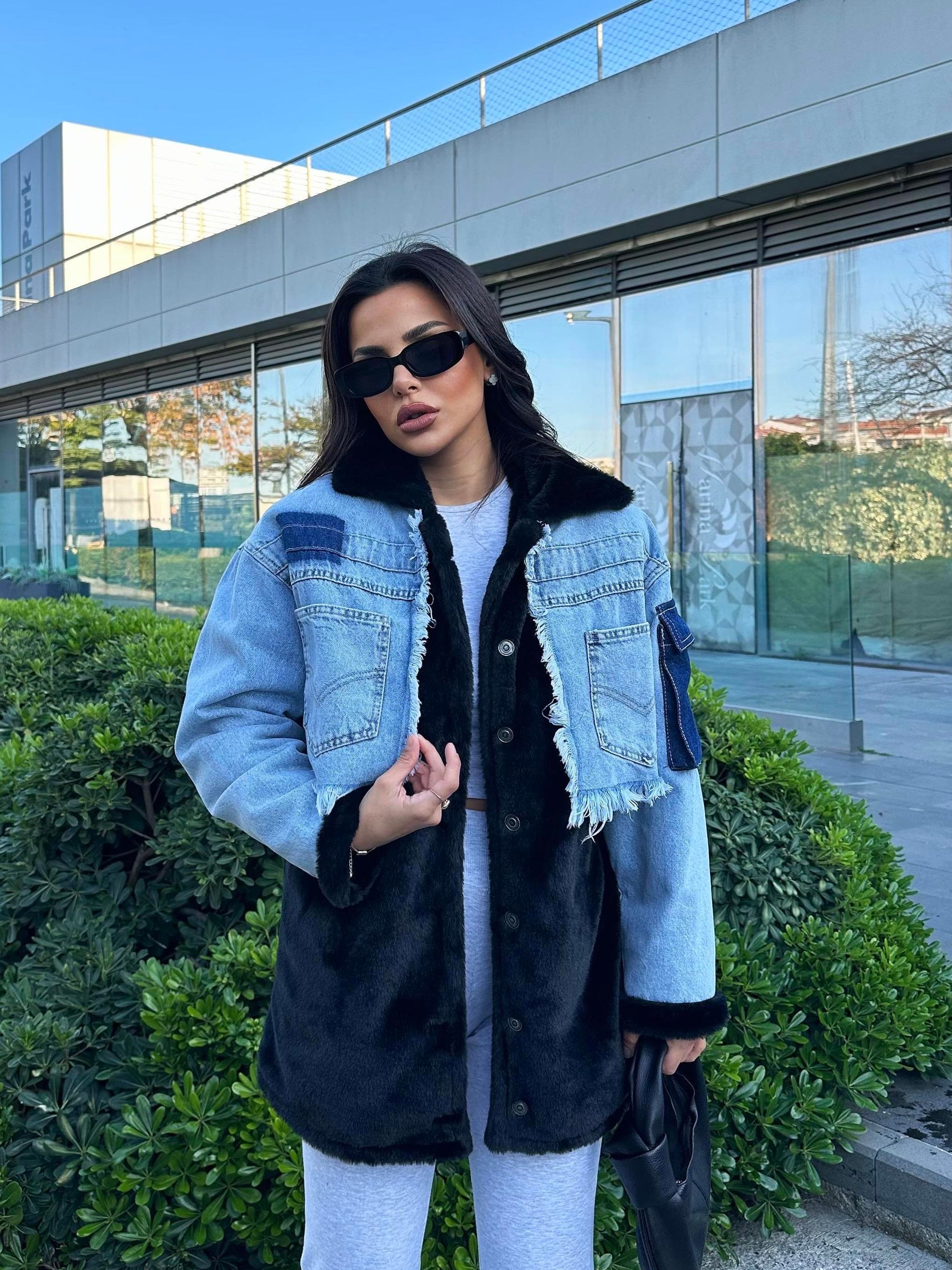 Flow Denim Peluş Ceket Siyah