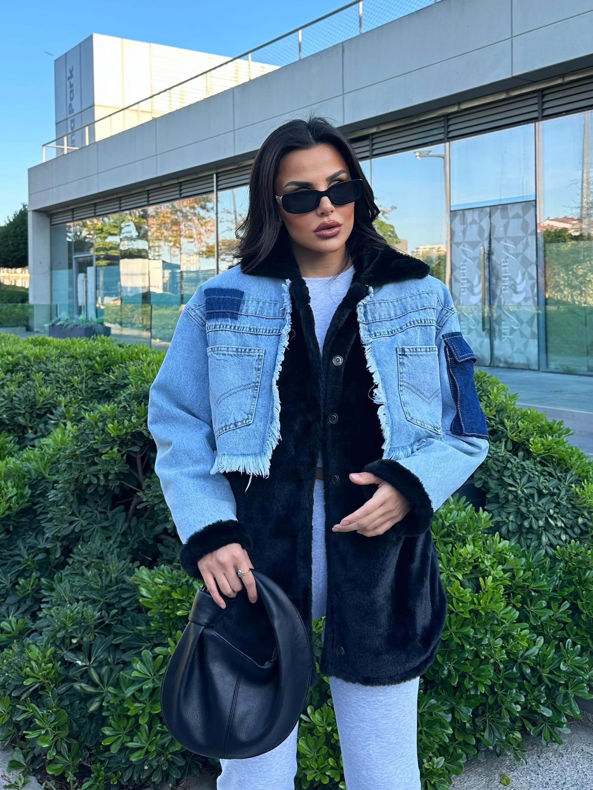 Flow Denim Peluş Ceket Siyah