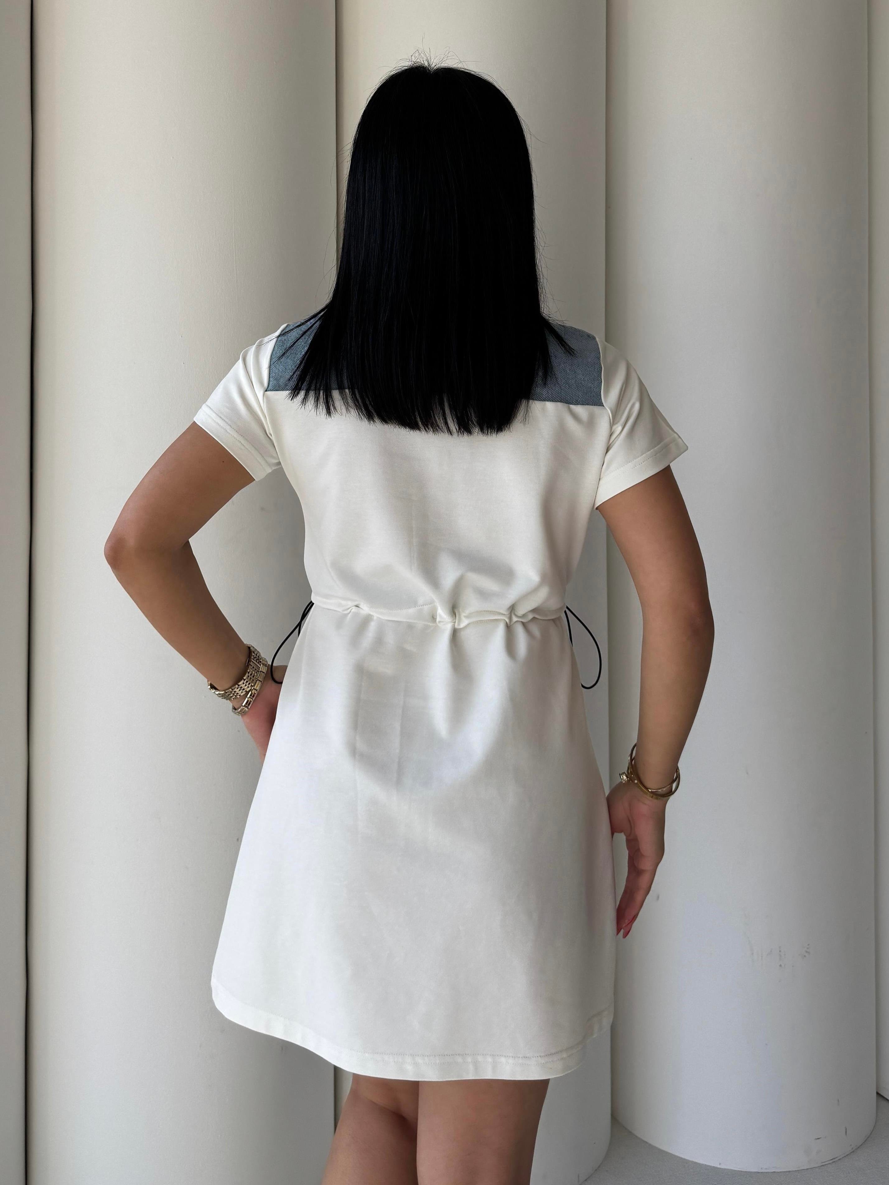 Gambel Denim Detaylı Elbise Beyaz