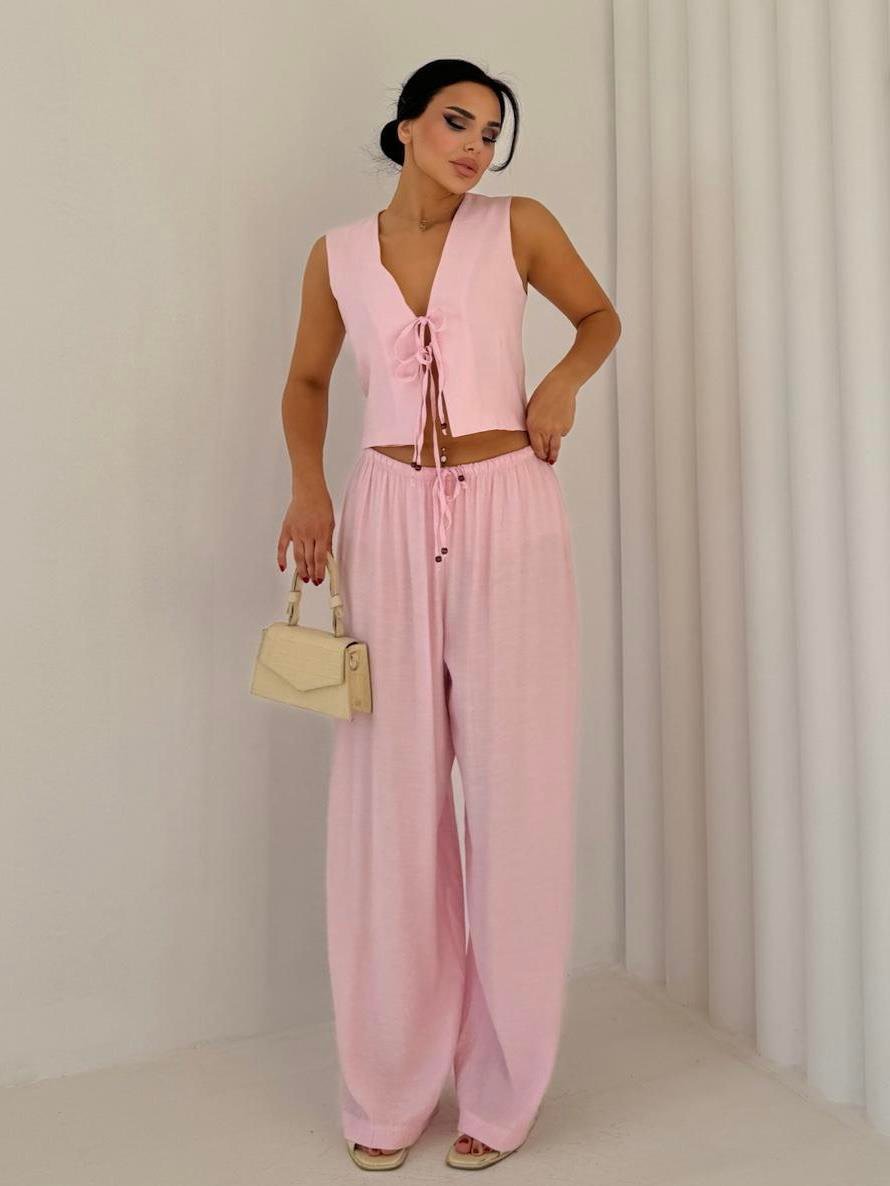 Ginza Yelekli Keten Takım Pembe