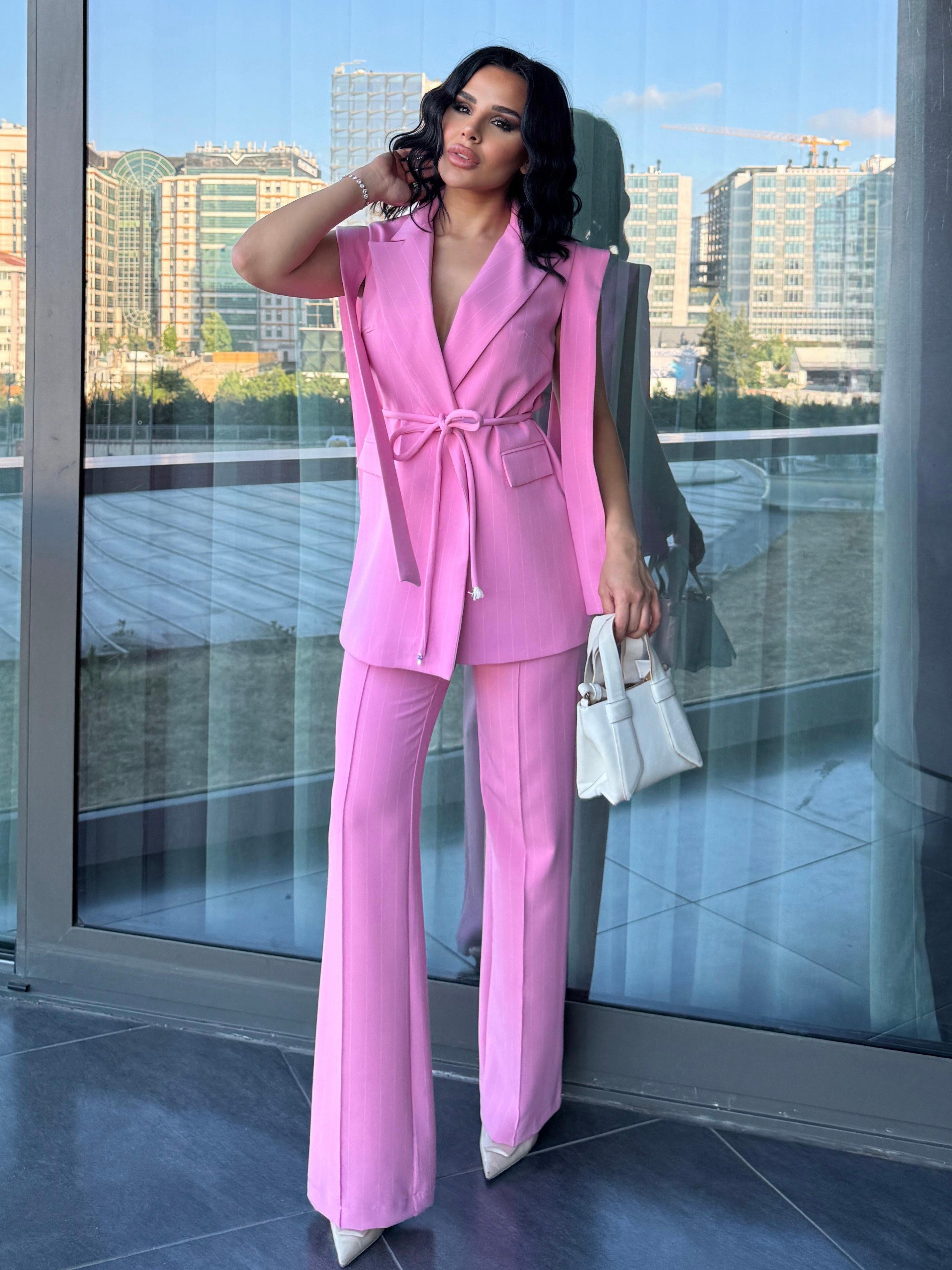 Hellie Tasarım Yelekli Takım Pembe Çizgili