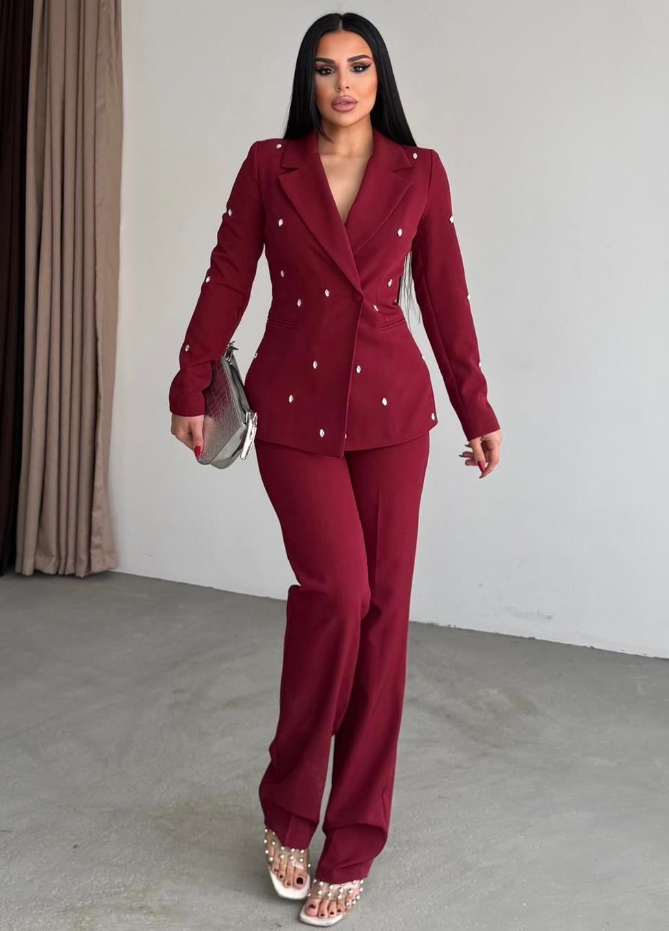 Hubby Taş Detaylı Takım Bordo