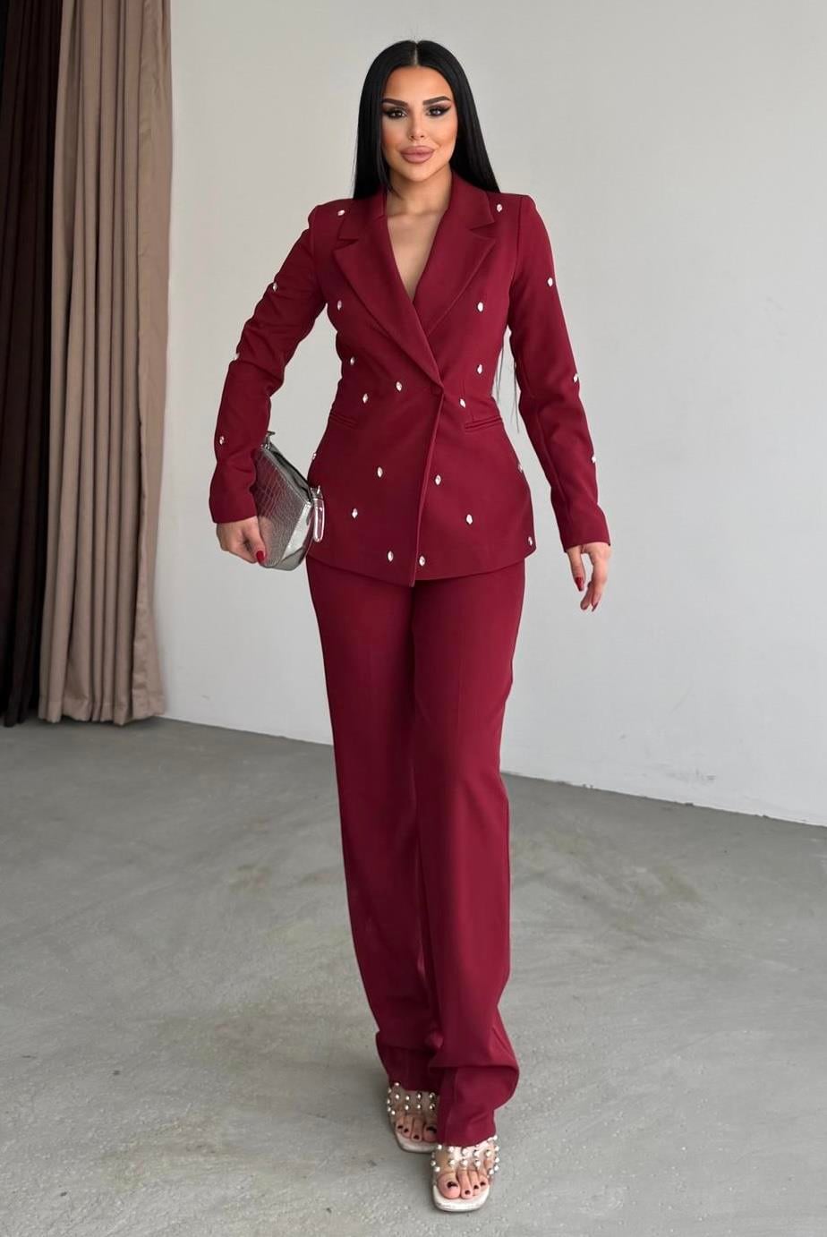 Hubby Taş Detaylı Takım Bordo