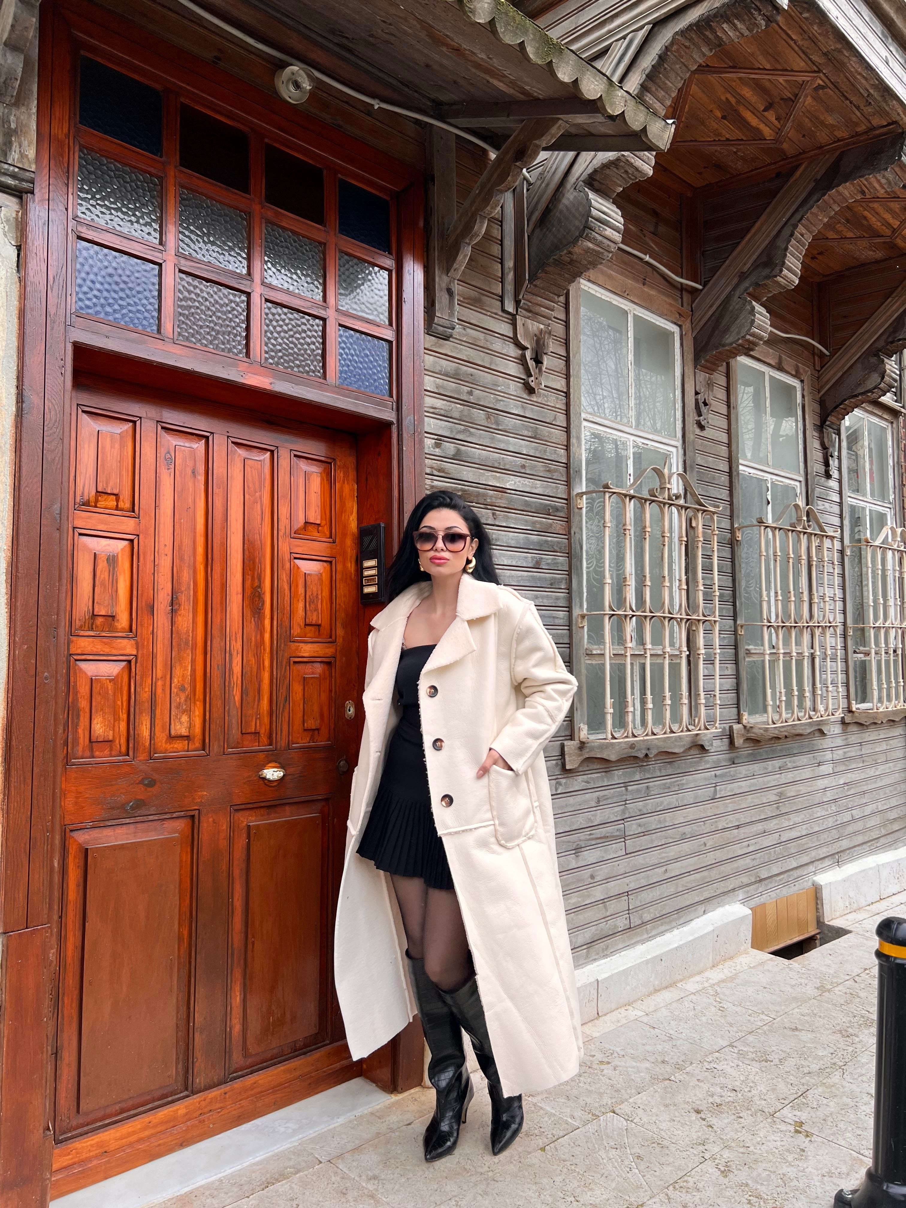 İsveç İçi Yün Deri Kaban Krem