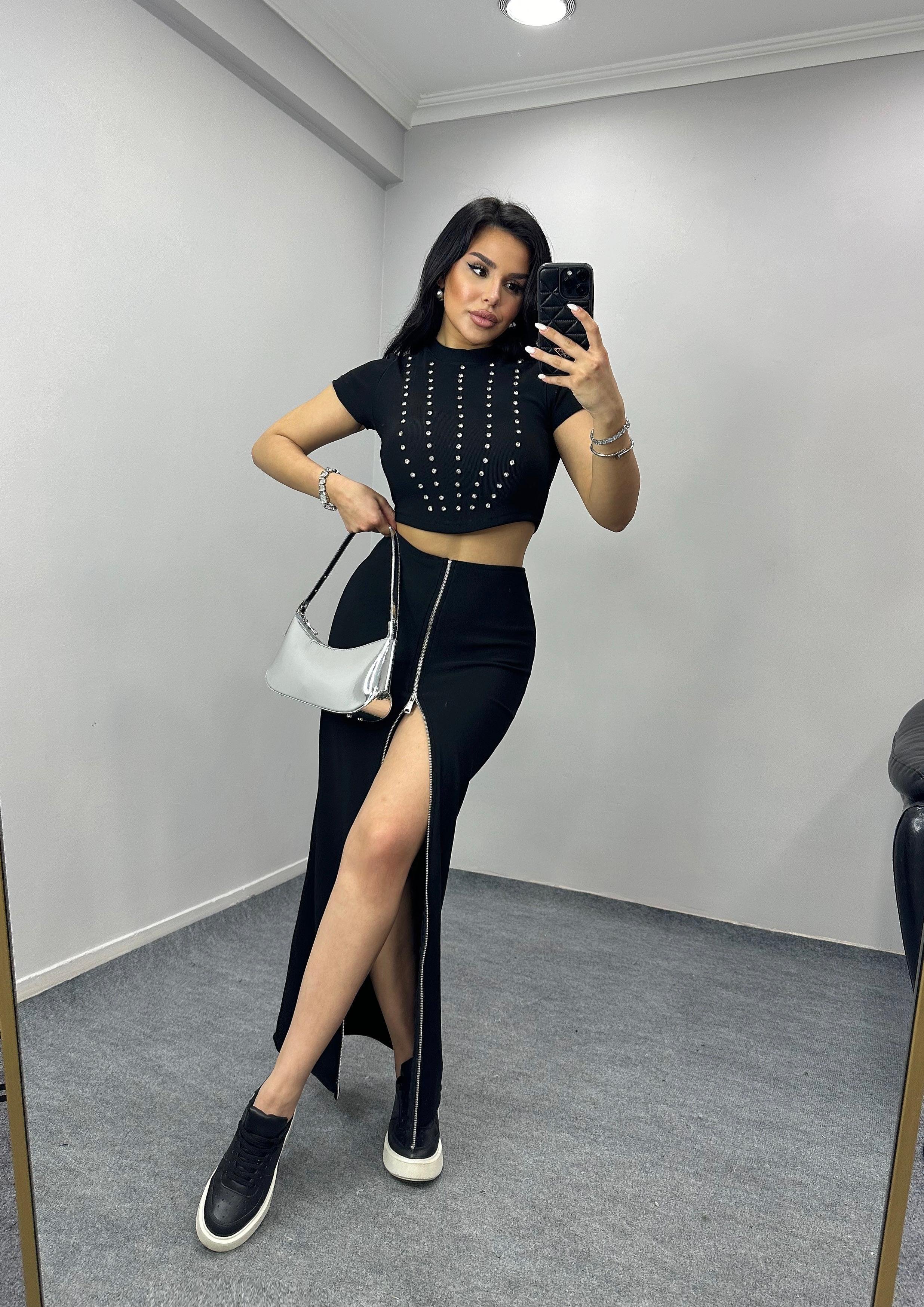 Java Taşlı Crop Siyah